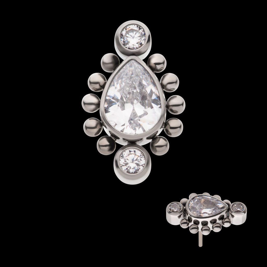 Bezel Set Round CZ & Beads Around Teardrop CZ Flatback Stud Earring / Nosering - CZ in Titanium