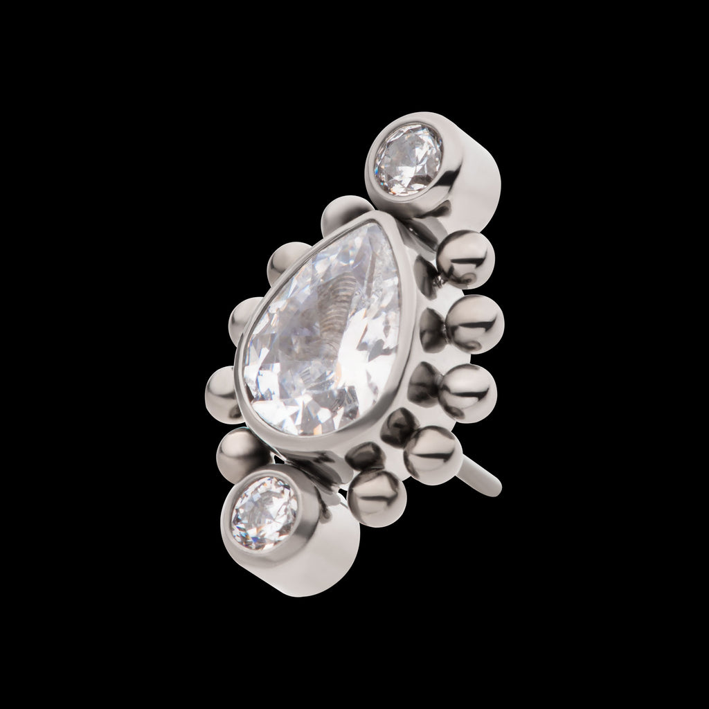 Bezel Set Round CZ & Beads Around Teardrop CZ Flatback Stud Earring / Nosering - CZ in Titanium