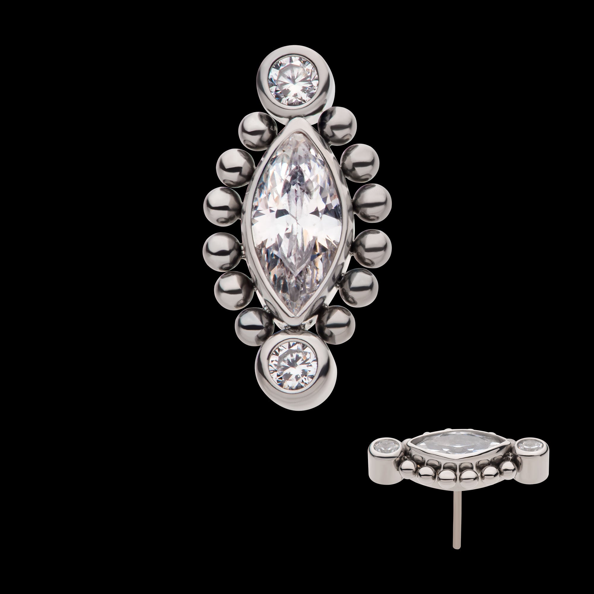 Bezel Set Round CZ & Beads Around Marquise CZ Flatback Stud Earring / Nosering - CZ in Titanium