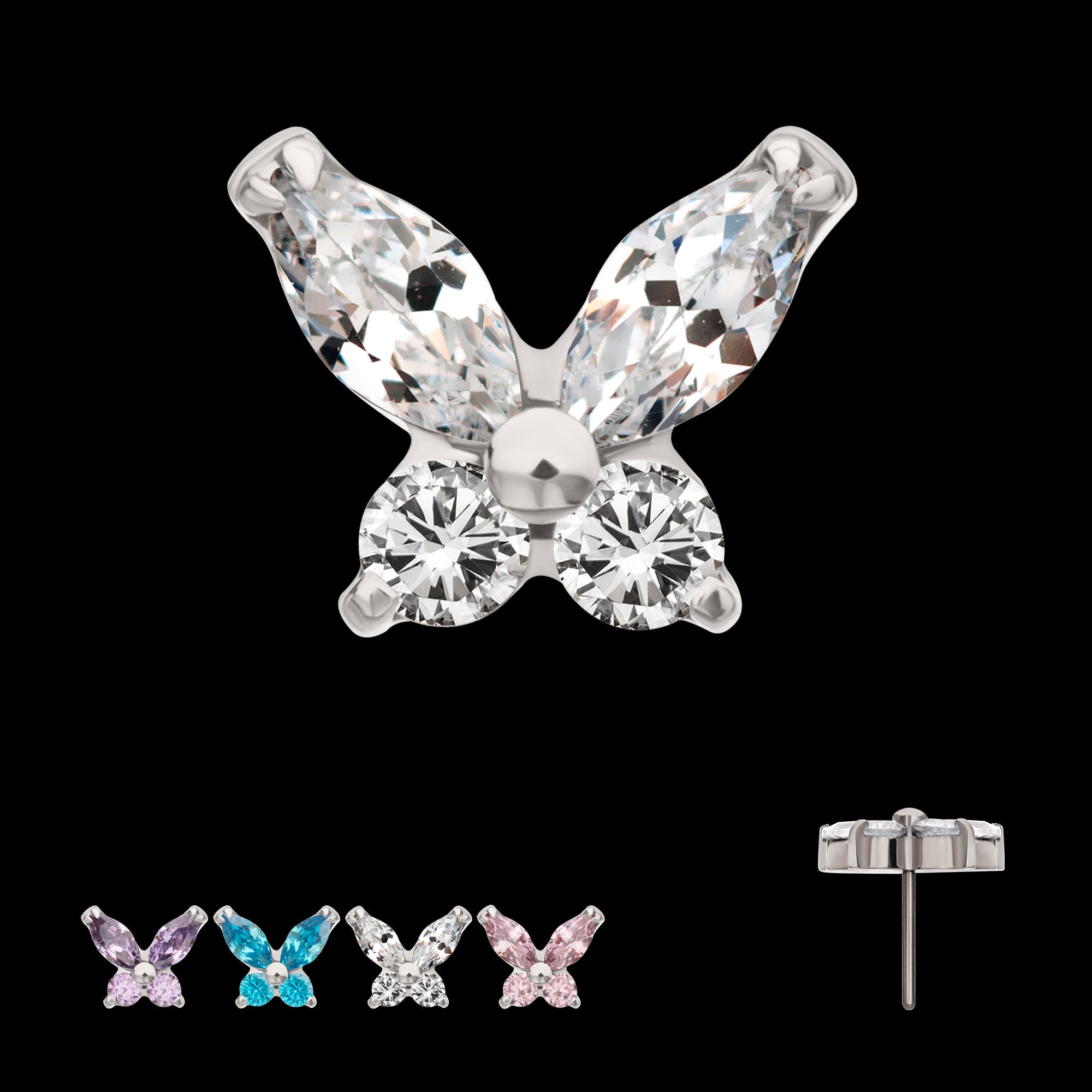 Small Butterfly with Prong Set Round & Marquise Gem Flatback Stud Earring / Nosering - Gem in Titanium