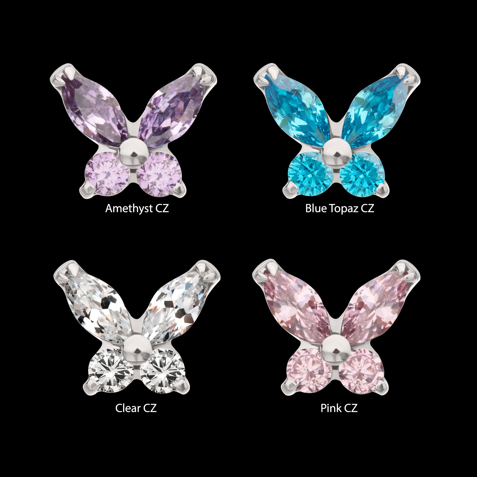 Small Butterfly with Prong Set Round & Marquise Gem Flatback Stud Earring / Nosering - Gem in Titanium