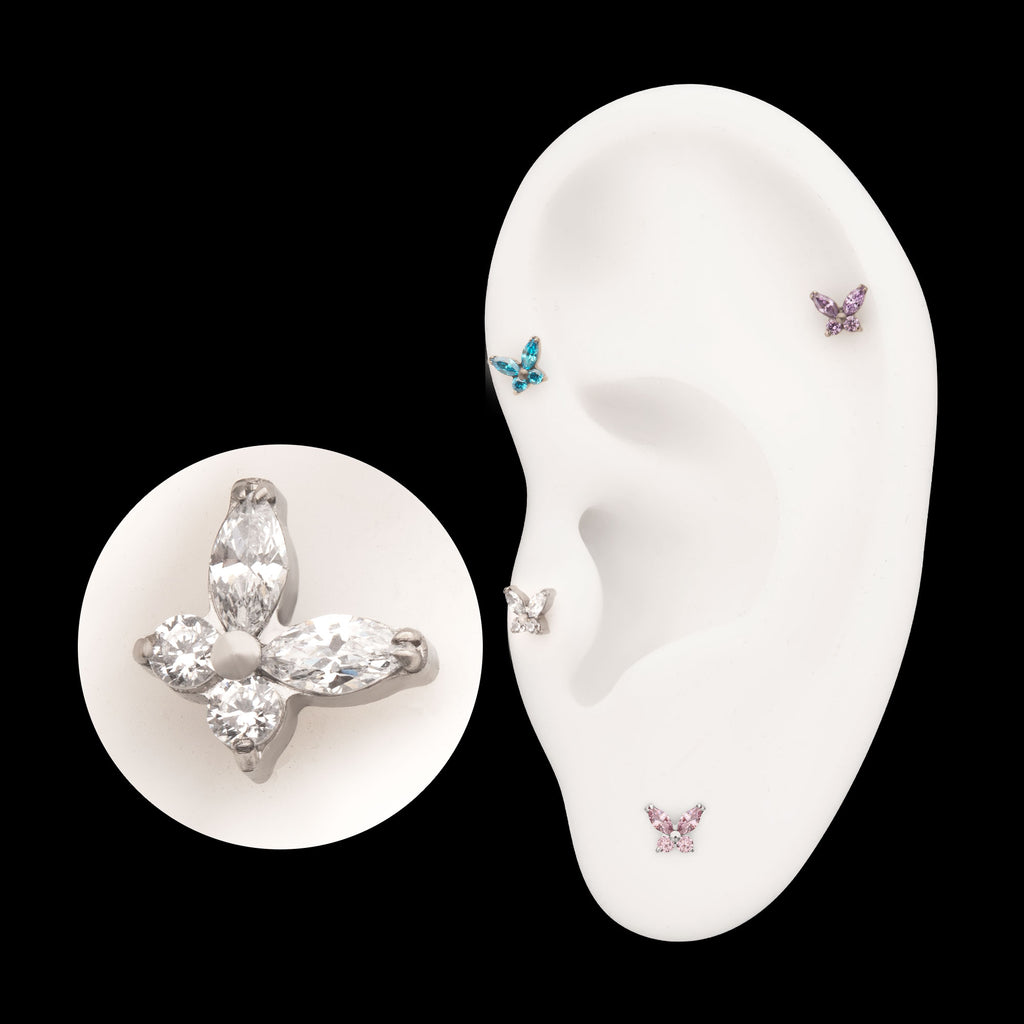 Small Butterfly with Prong Set Round & Marquise Gem Flatback Stud Earring / Nosering - Gem in Titanium