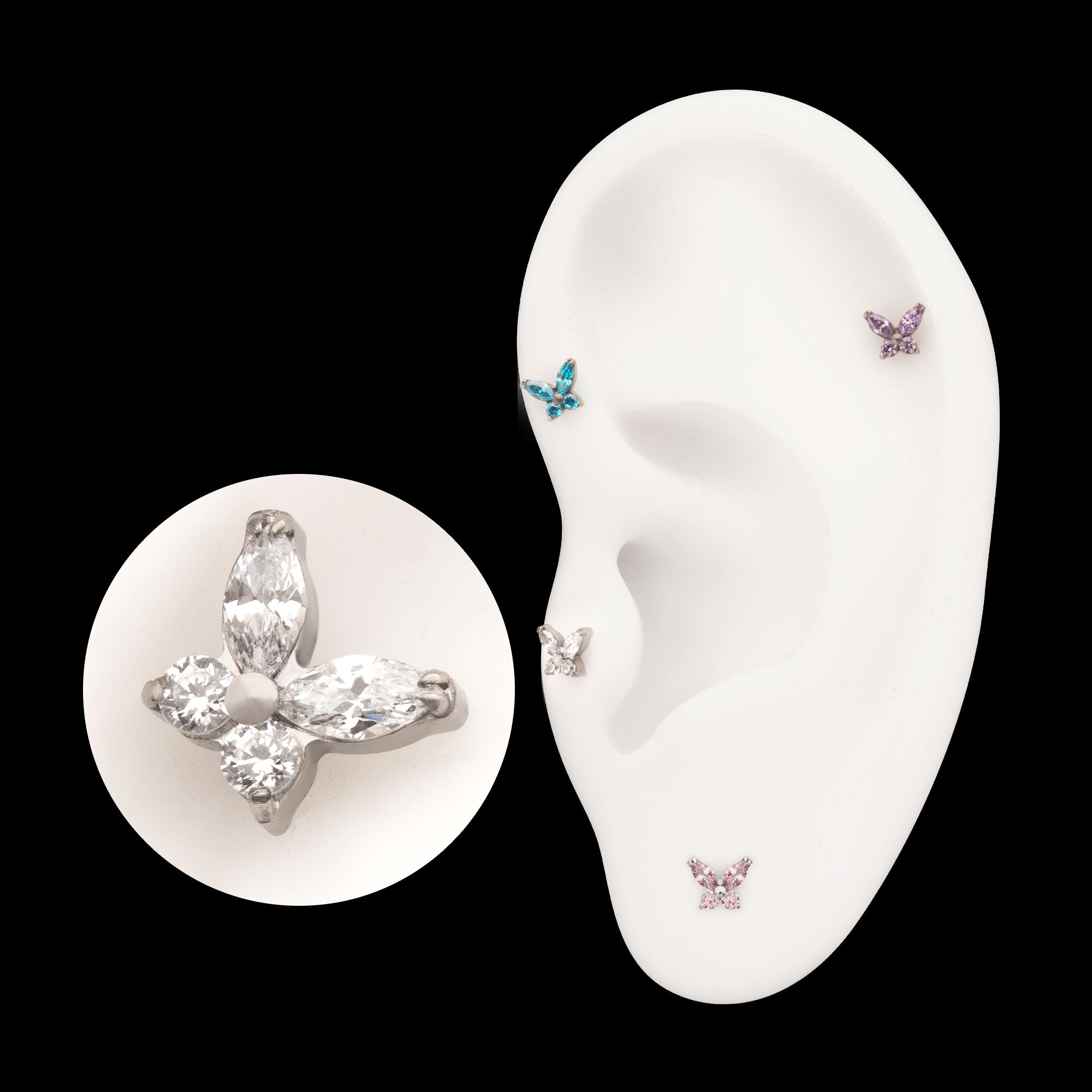 Small Butterfly with Prong Set Round & Marquise Gem Flatback Stud Earring / Nosering - Gem in Titanium