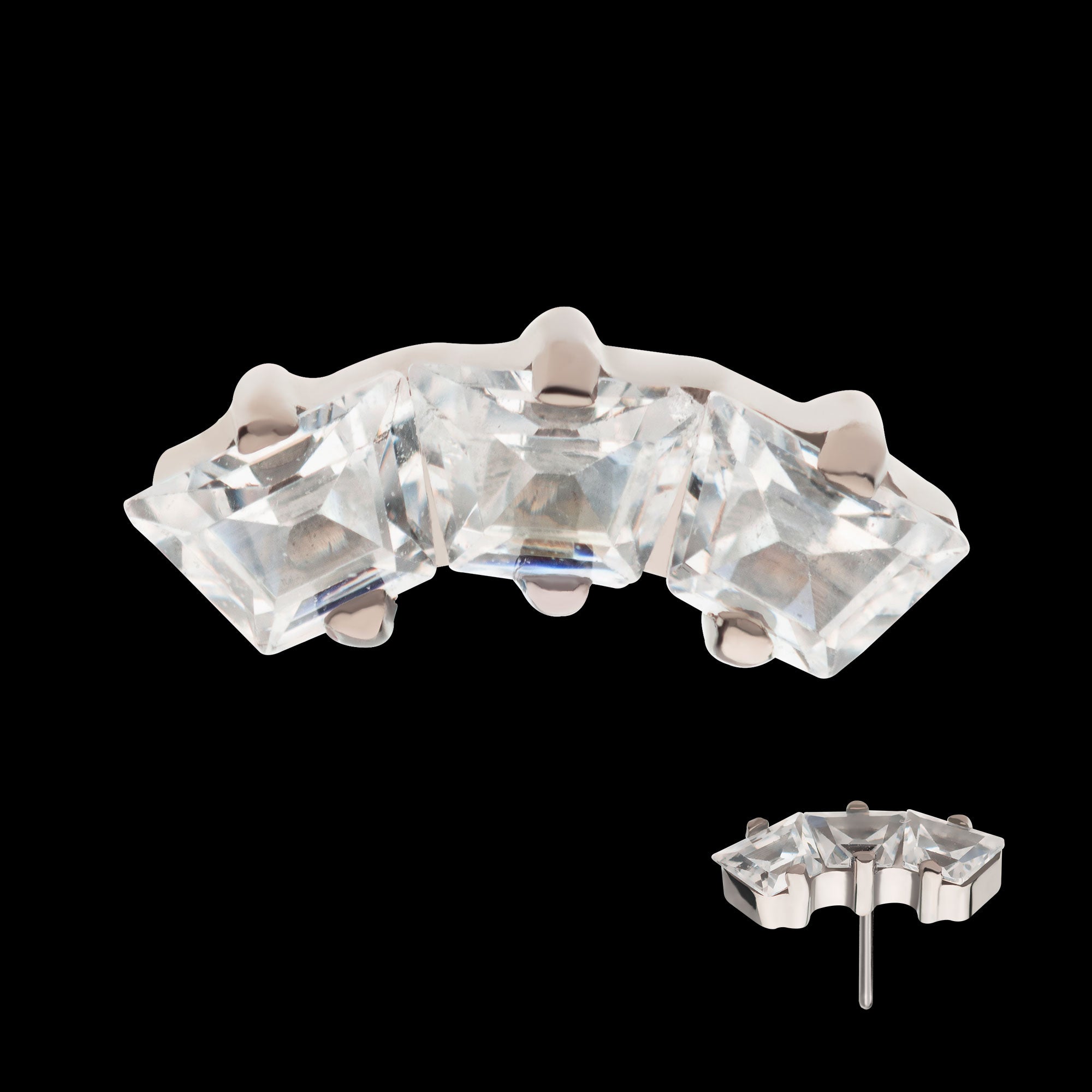 Prong Set Trapezoid CZ 3-Cluster Flatback Stud Earring / Nosering - CZ in Titanium