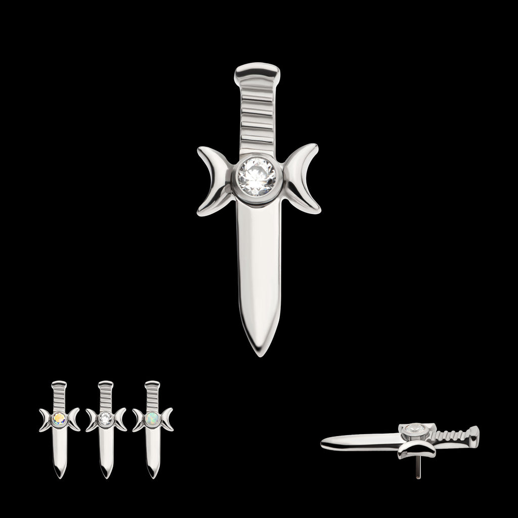 Bezel Set 2mm CZ/Opal Triple Moon Phase Dagger Flatback Stud Earring / Nosering - Opal & CZ & Opal & CZ in Titanium