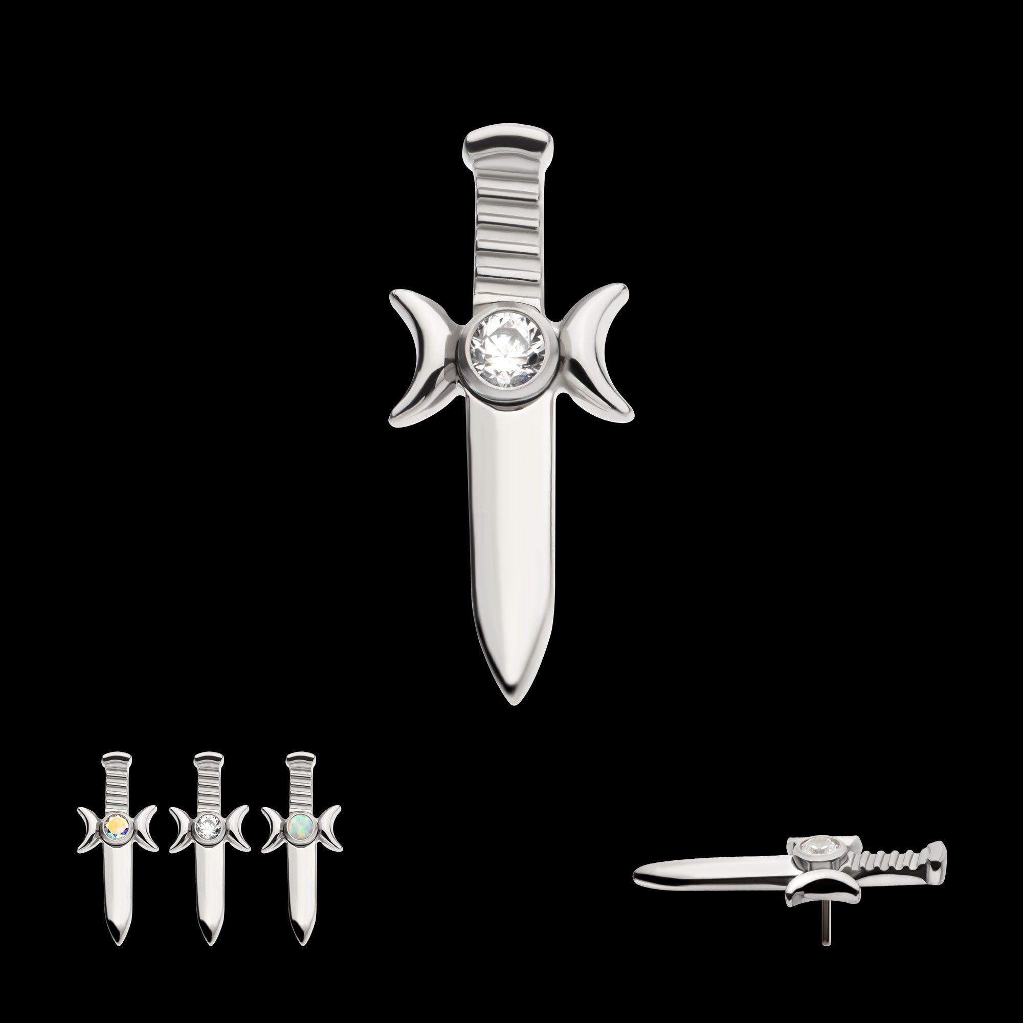 Bezel Set 2mm CZ/Opal Triple Moon Phase Dagger Flatback Stud Earring / Nosering - Opal & CZ & Opal & CZ in Titanium