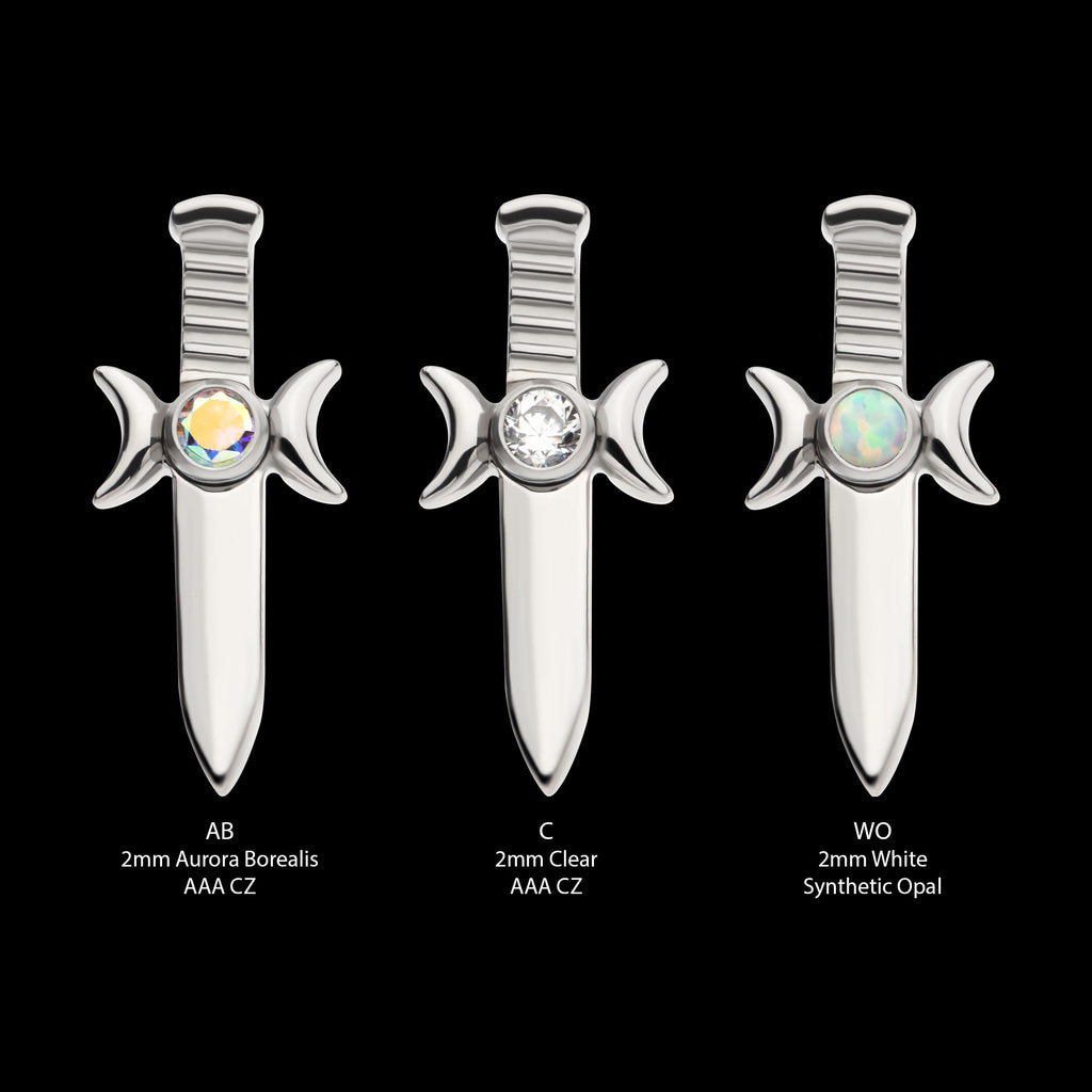 Bezel Set 2mm CZ/Opal Triple Moon Phase Dagger Flatback Stud Earring / Nosering - Opal & CZ & Opal & CZ in Titanium