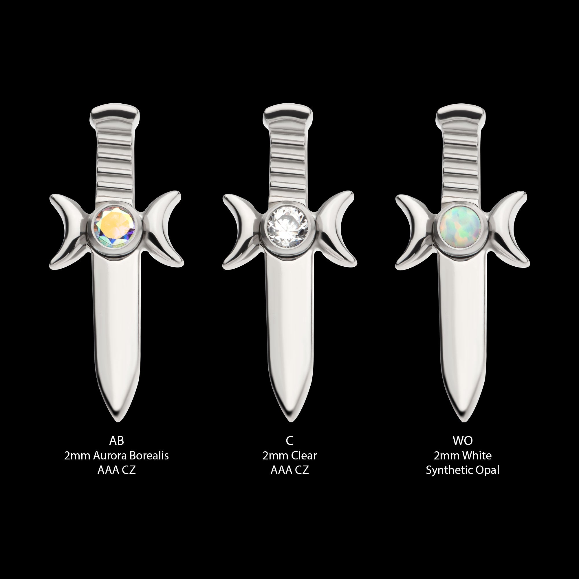 Bezel Set 2mm CZ/Opal Triple Moon Phase Dagger Flatback Stud Earring / Nosering - Opal & CZ & Opal & CZ in Titanium