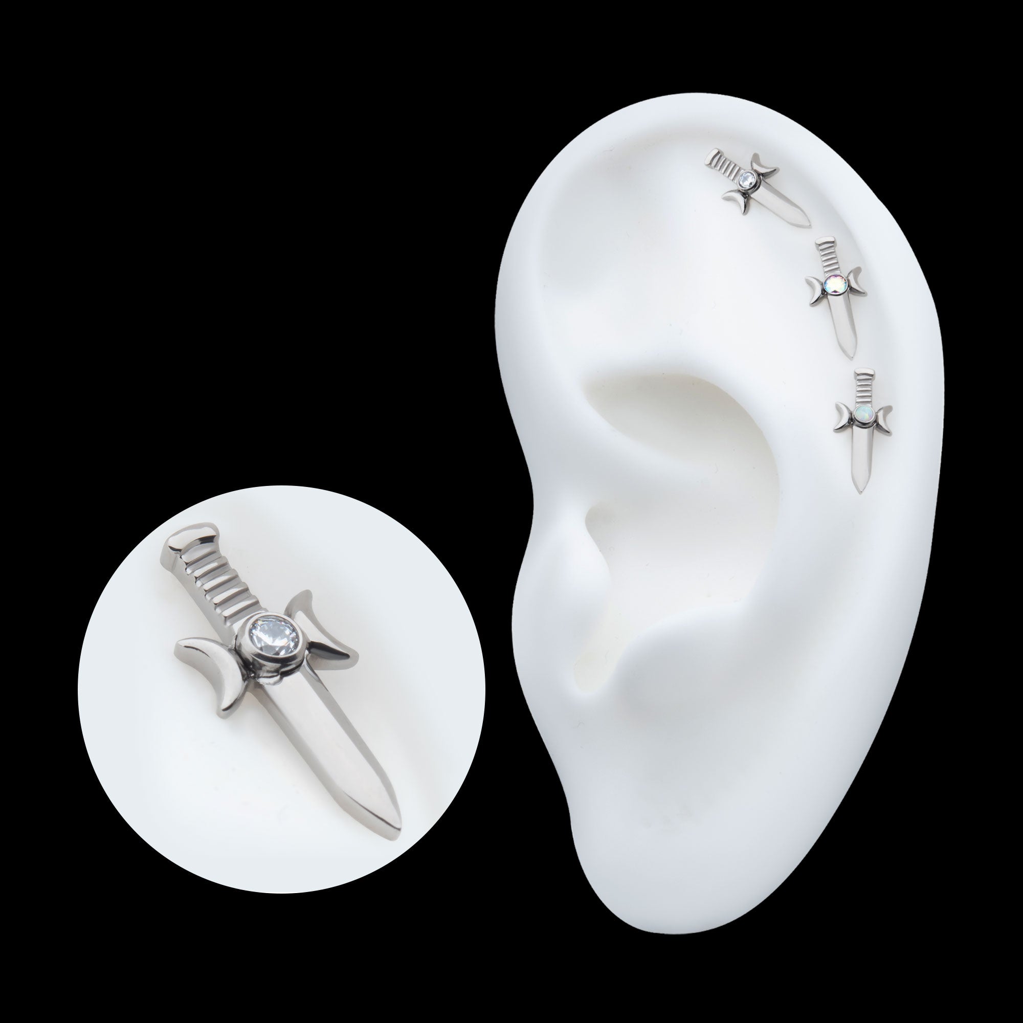 Bezel Set 2mm CZ/Opal Triple Moon Phase Dagger Flatback Stud Earring / Nosering - Opal & CZ & Opal & CZ in Titanium
