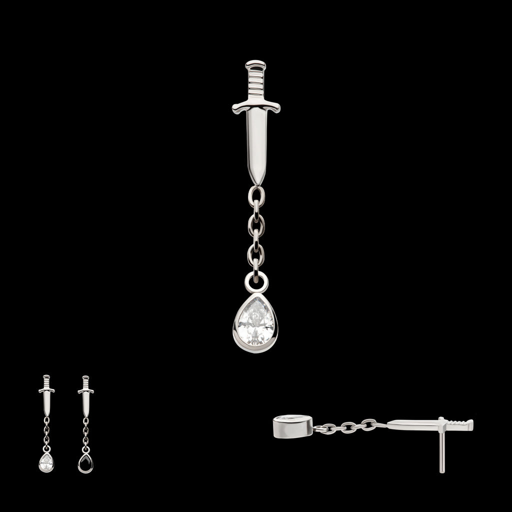 Dangle Chain Bezel Teardrop CZ Dagger Flatback Stud Earring / Nosering - CZ in Titanium
