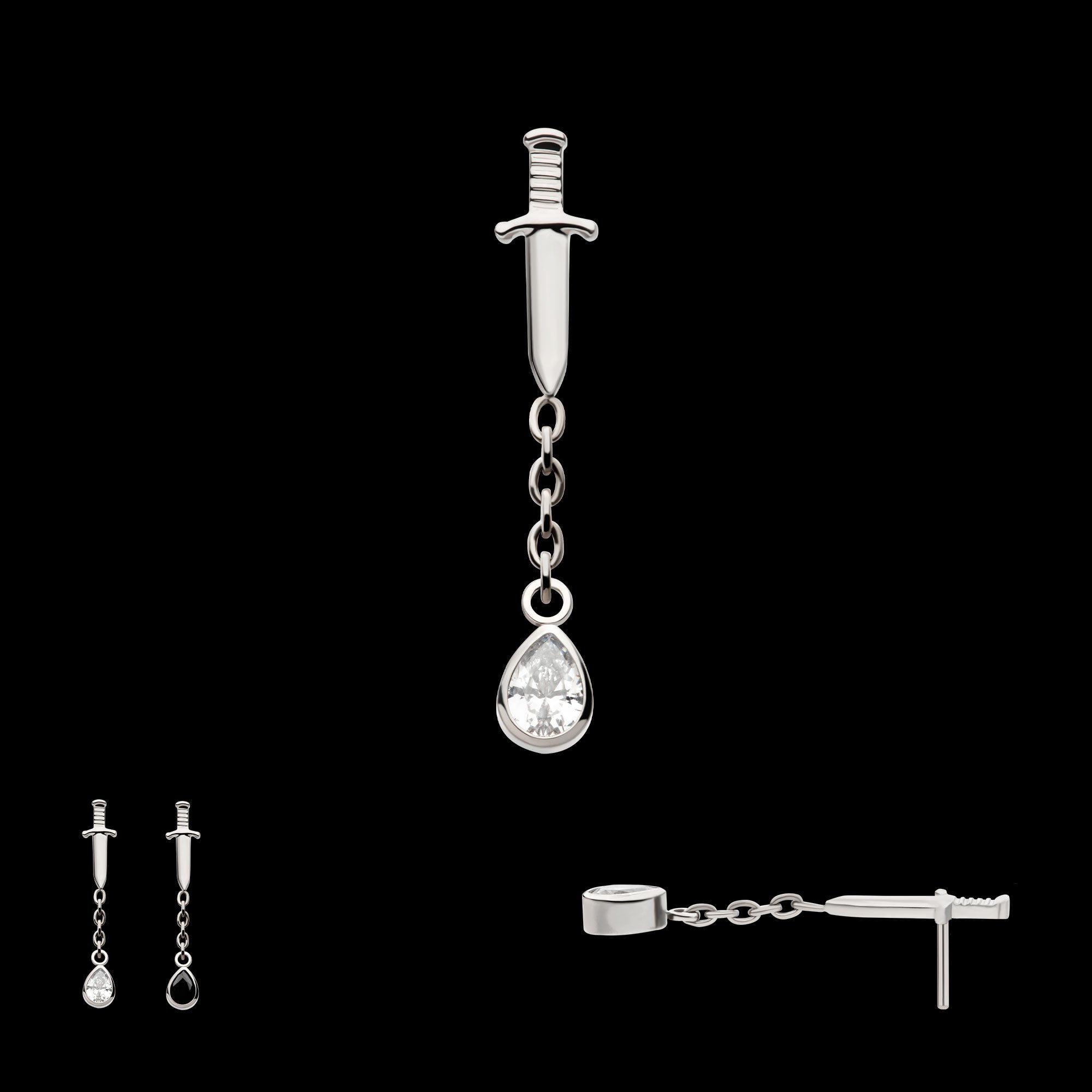 Dangle Chain Bezel Teardrop CZ Dagger Flatback Stud Earring / Nosering - CZ in Titanium