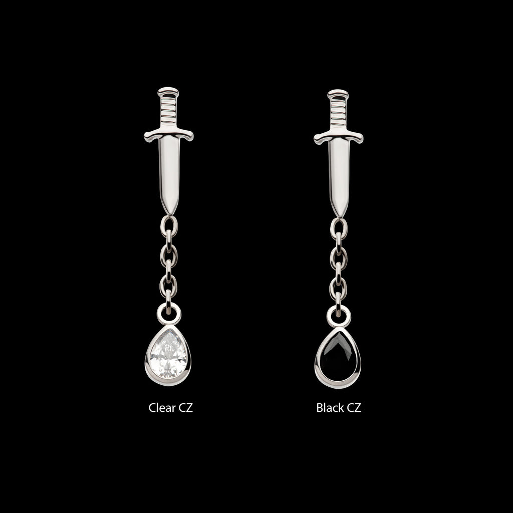 Dangle Chain Bezel Teardrop CZ Dagger Flatback Stud Earring / Nosering - CZ in Titanium