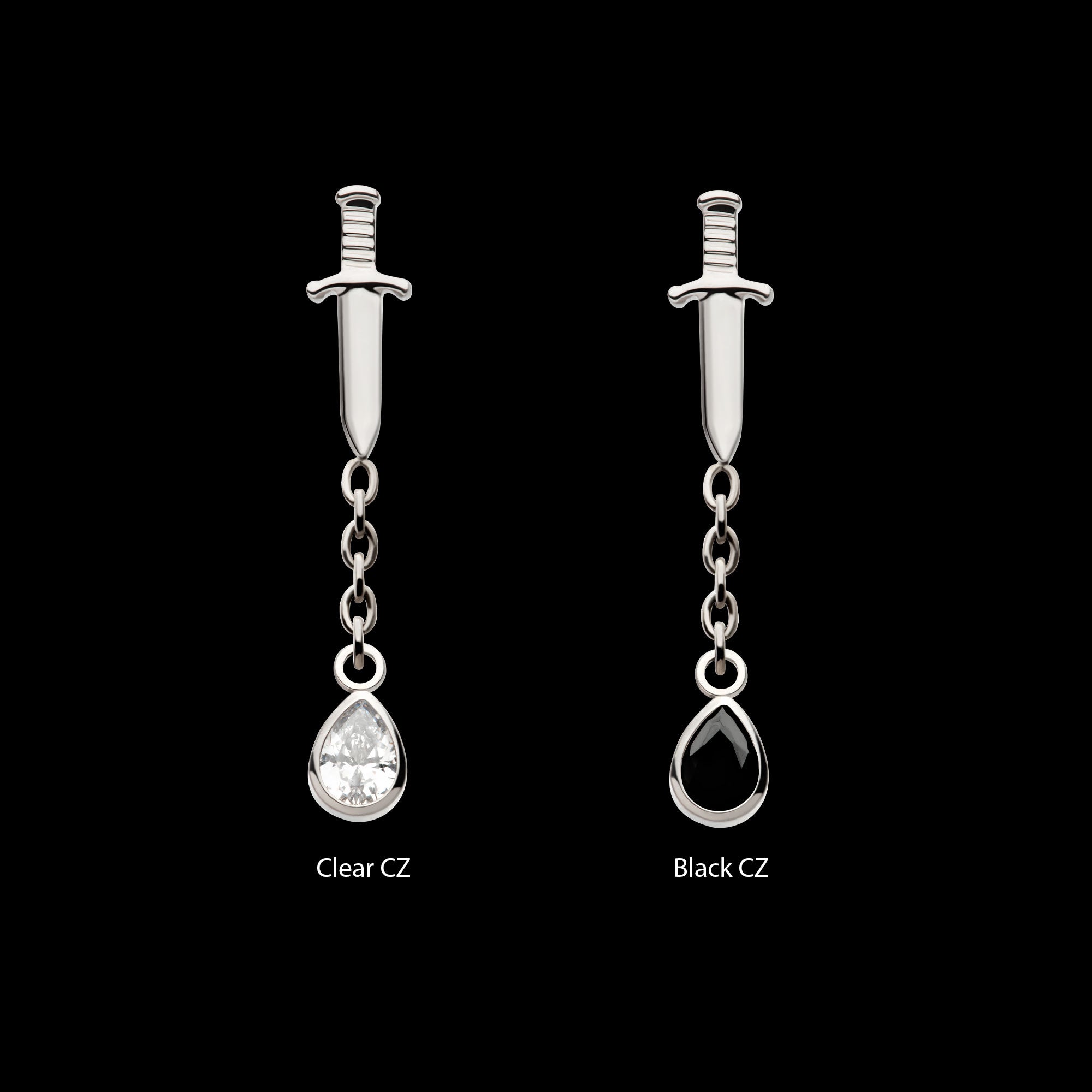 Dangle Chain Bezel Teardrop CZ Dagger Flatback Stud Earring / Nosering - CZ in Titanium