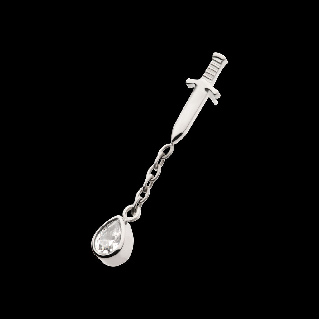 Dangle Chain Bezel Teardrop CZ Dagger Flatback Stud Earring / Nosering - CZ in Titanium