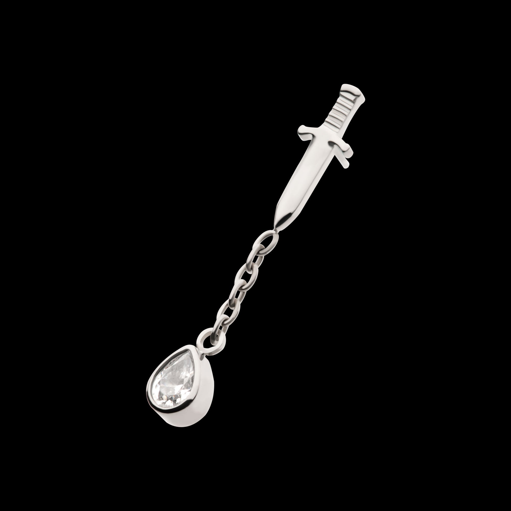 Dangle Chain Bezel Teardrop CZ Dagger Flatback Stud Earring / Nosering - CZ in Titanium