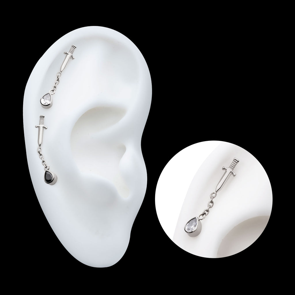 Dangle Chain Bezel Teardrop CZ Dagger Flatback Stud Earring / Nosering - CZ in Titanium