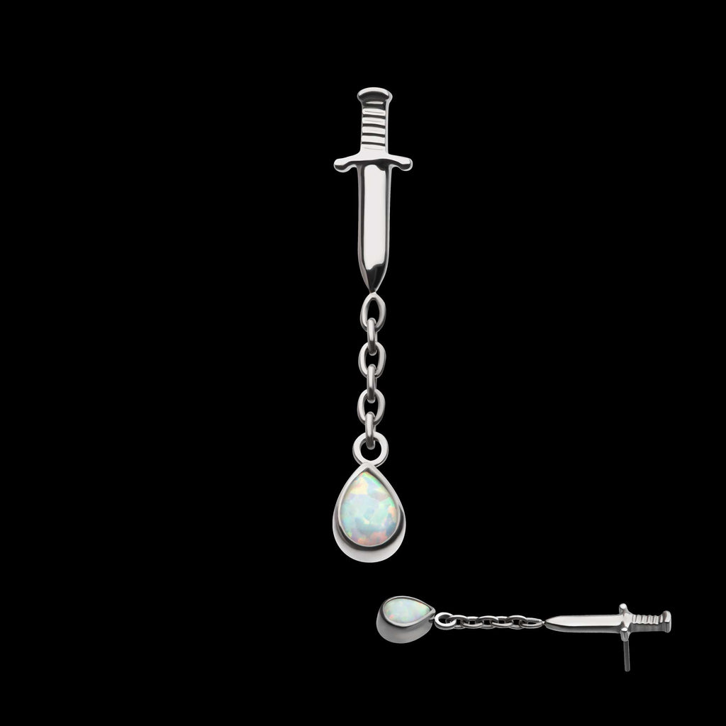 Dagger with Bezel Set Teardrop Opal Chain Dangle Flatback Stud Earring / Nosering - Opal in Titanium