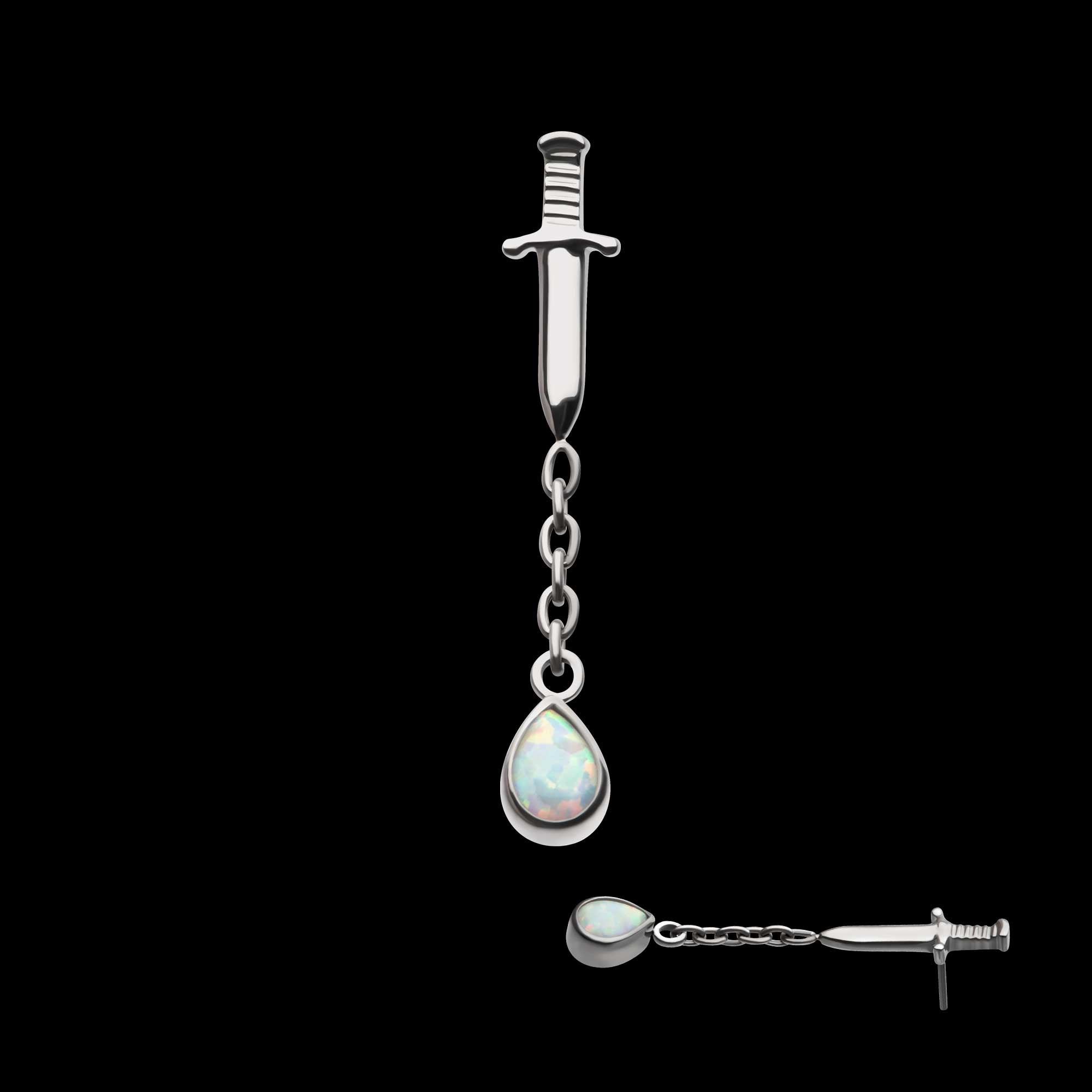 Dagger with Bezel Set Teardrop Opal Chain Dangle Flatback Stud Earring / Nosering - Opal in Titanium