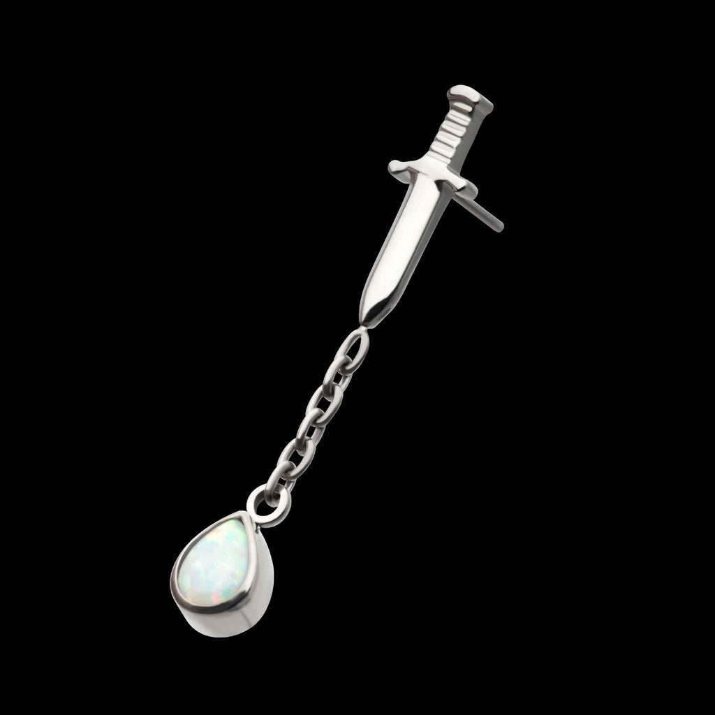 Dagger with Bezel Set Teardrop Opal Chain Dangle Flatback Stud Earring / Nosering - Opal in Titanium