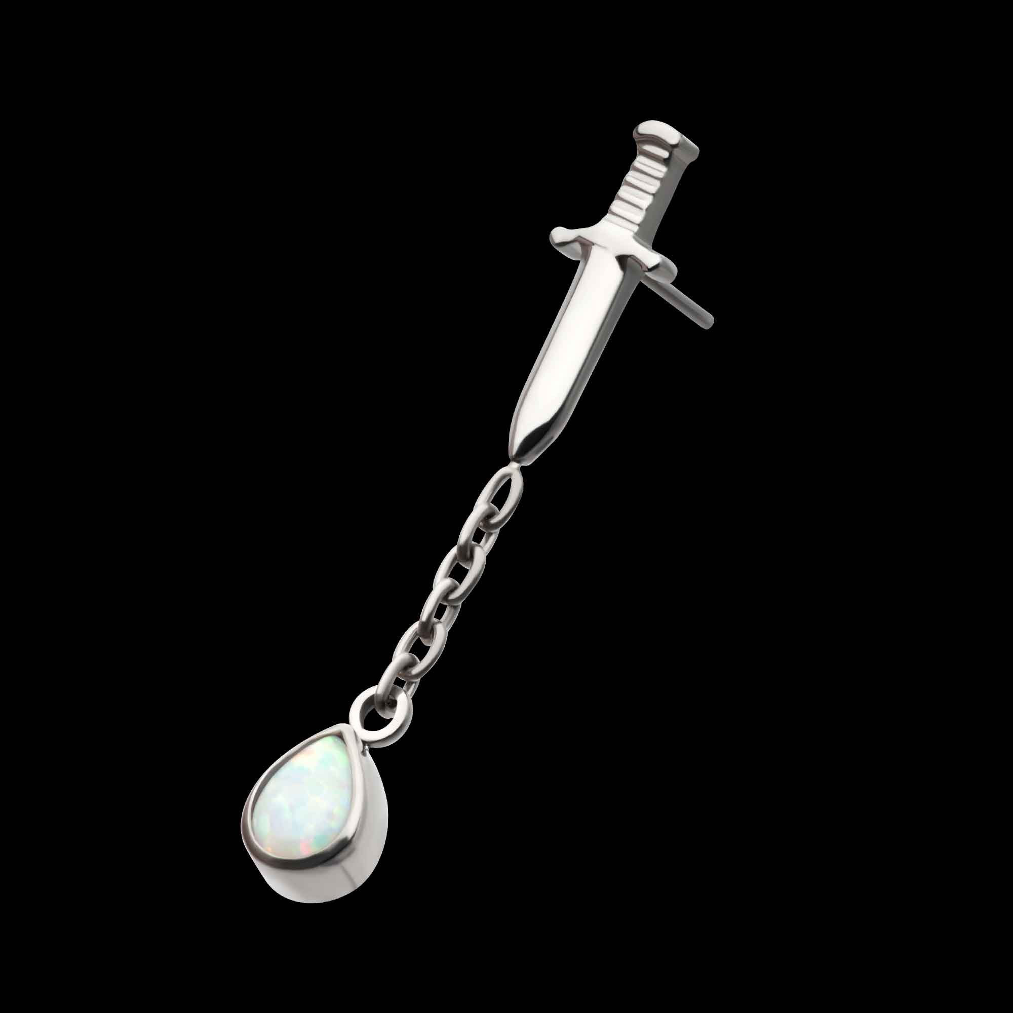 Dagger with Bezel Set Teardrop Opal Chain Dangle Flatback Stud Earring / Nosering - Opal in Titanium