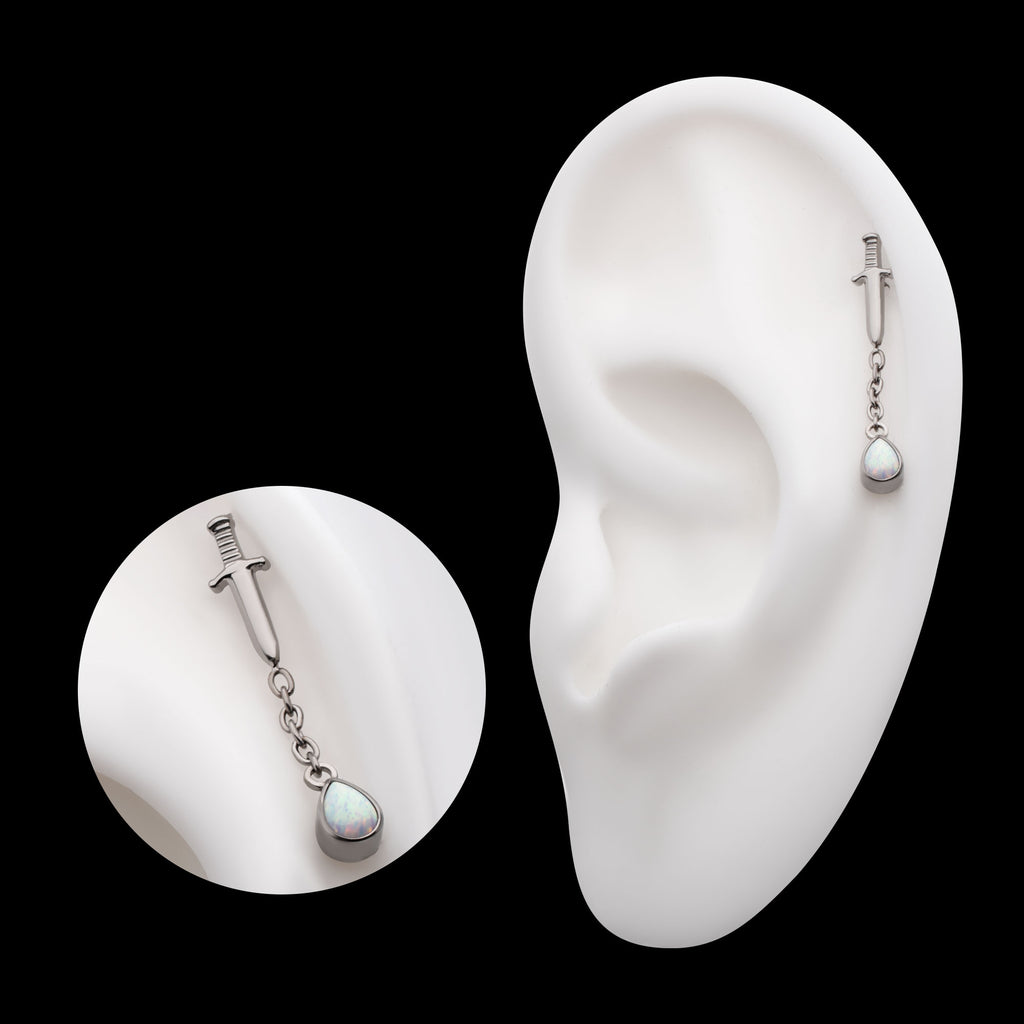 Dagger with Bezel Set Teardrop Opal Chain Dangle Flatback Stud Earring / Nosering - Opal in Titanium