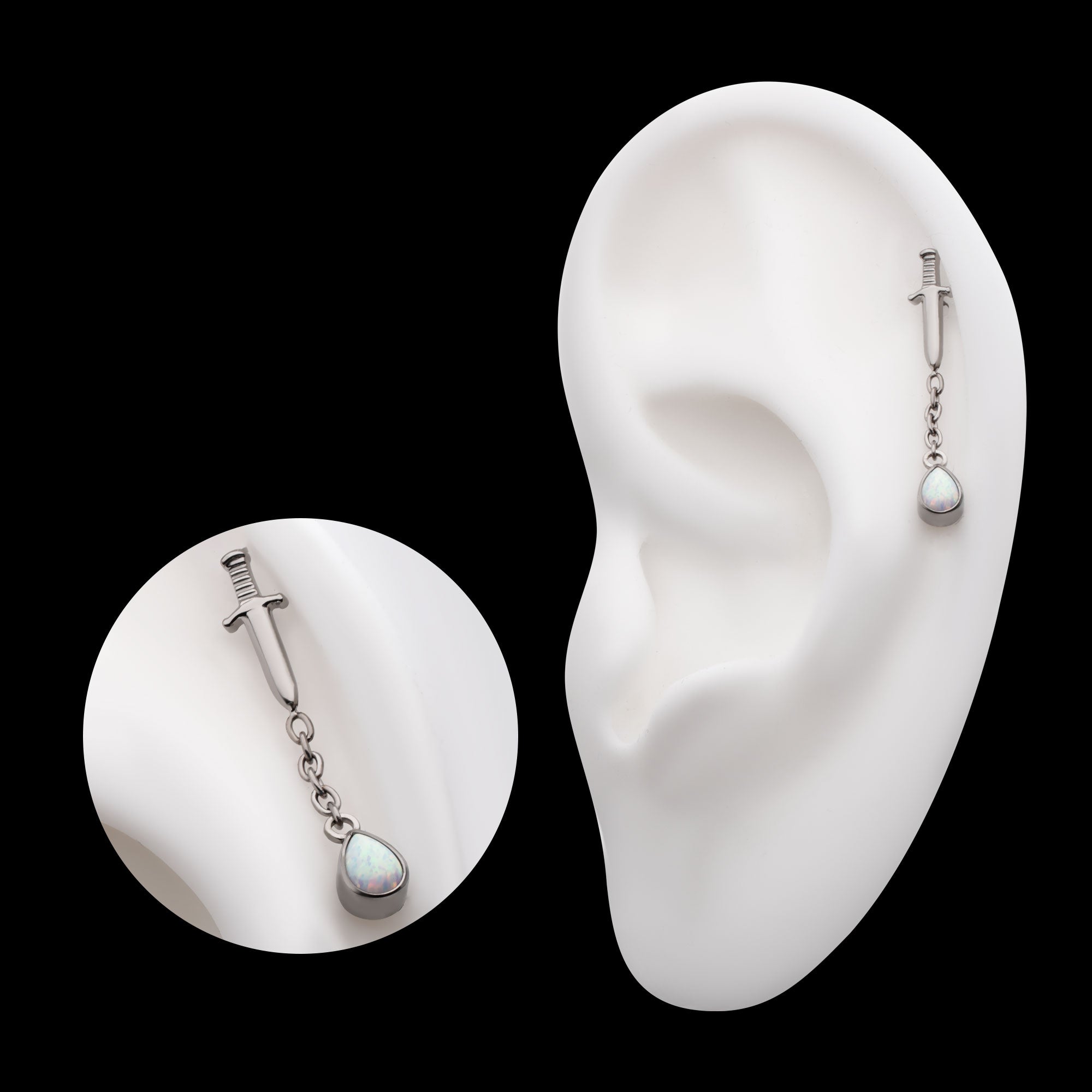 Dagger with Bezel Set Teardrop Opal Chain Dangle Flatback Stud Earring / Nosering - Opal in Titanium