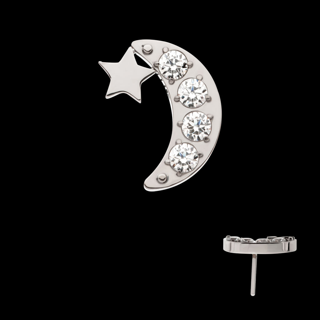 Star with Pave Set CZ Crescent Moon Flatback Stud Earring / Nosering - CZ in Titanium