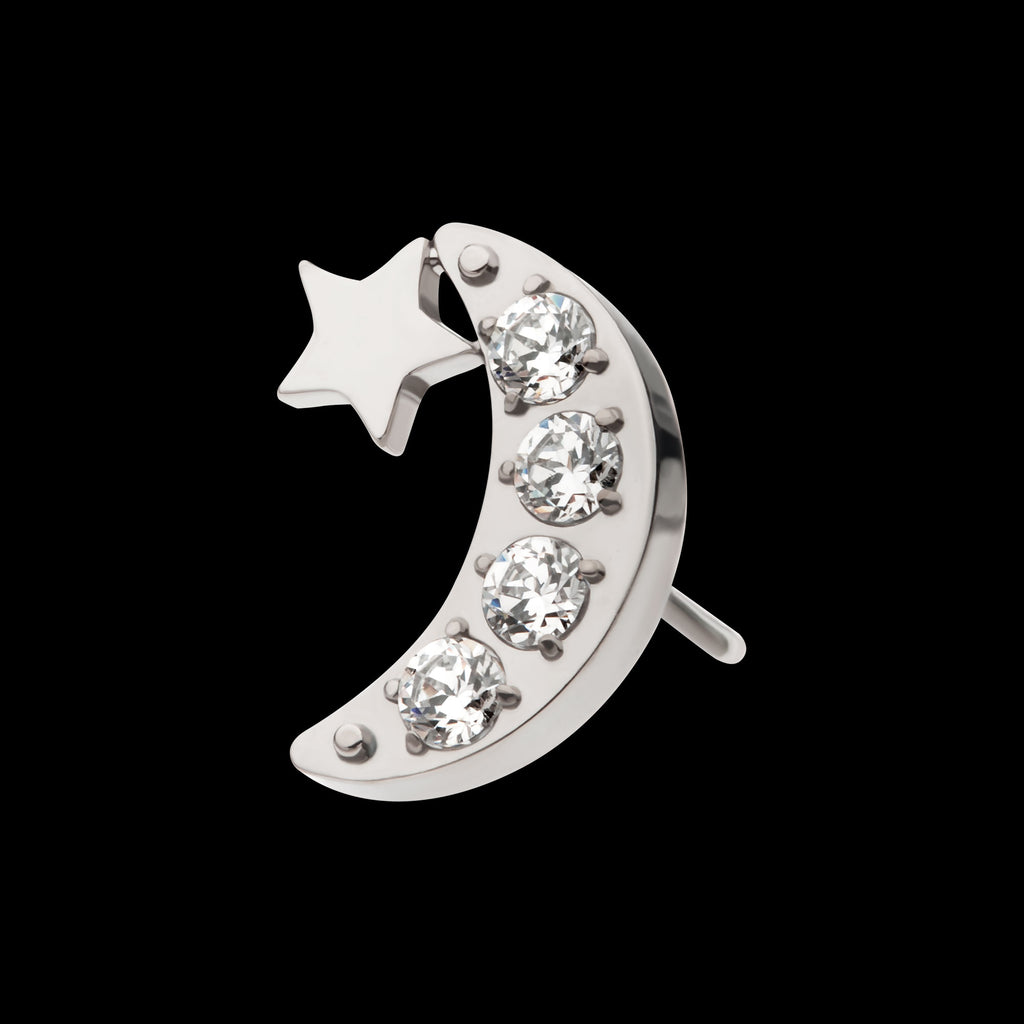 Star with Pave Set CZ Crescent Moon Flatback Stud Earring / Nosering - CZ in Titanium