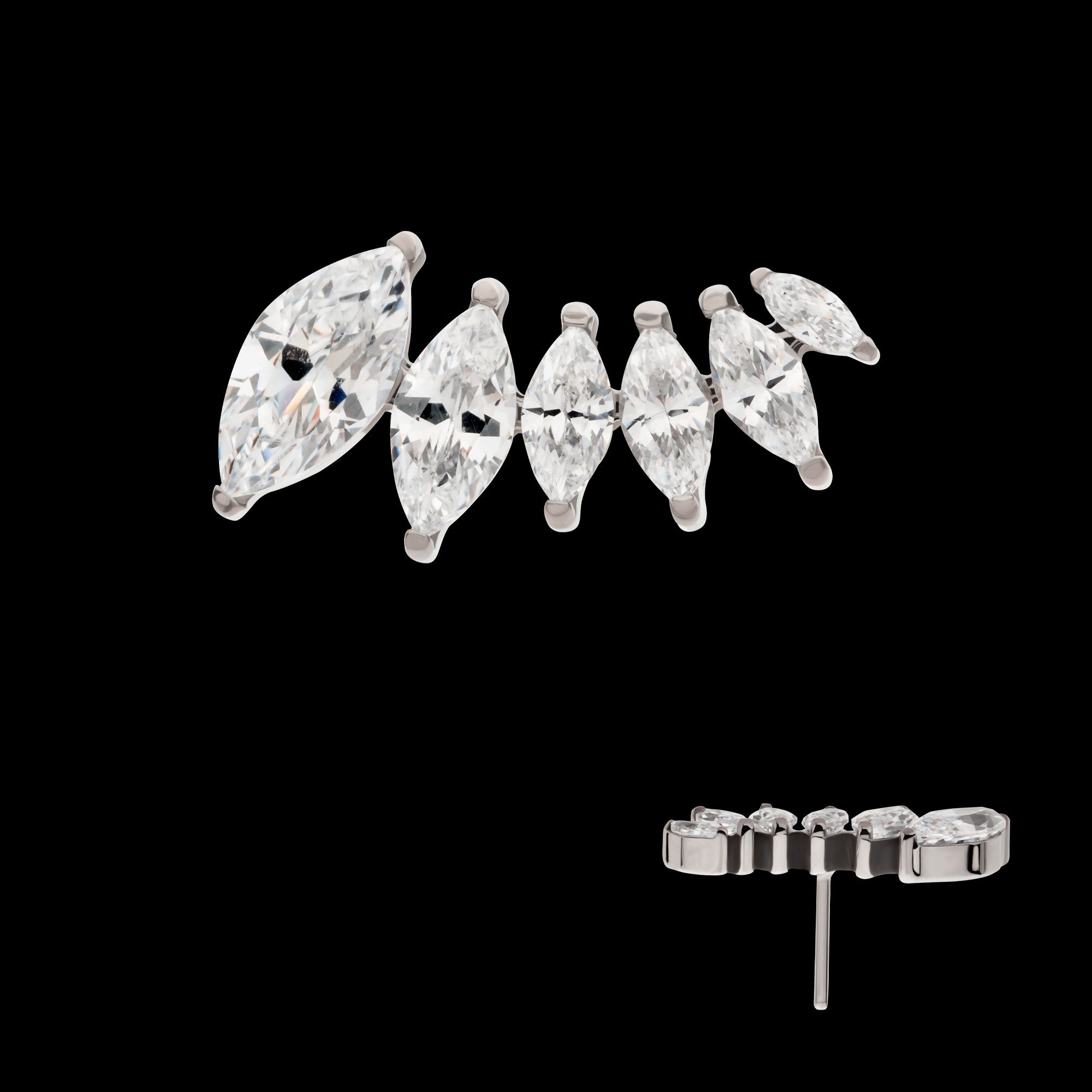 6-Cluster Marquise CZ Vine Leaf Flatback Stud Earring / Nosering - CZ in Titanium