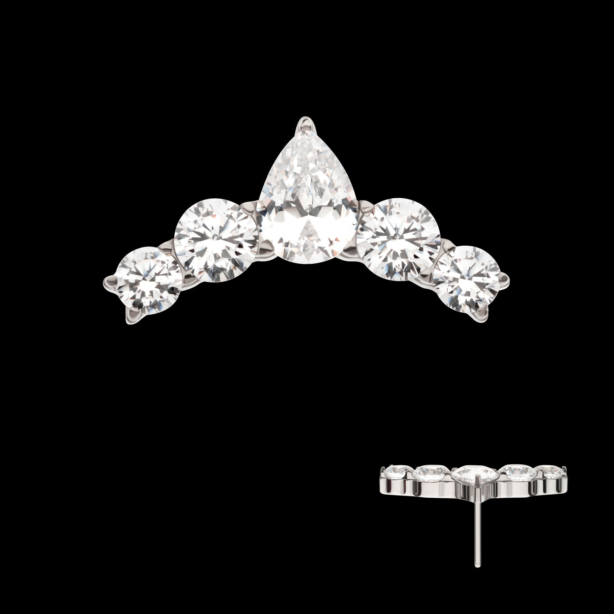 Prong Set Round & Teardrop Shape CZ 5-Cluster Flatback Stud Earring / Nosering - CZ in Titanium