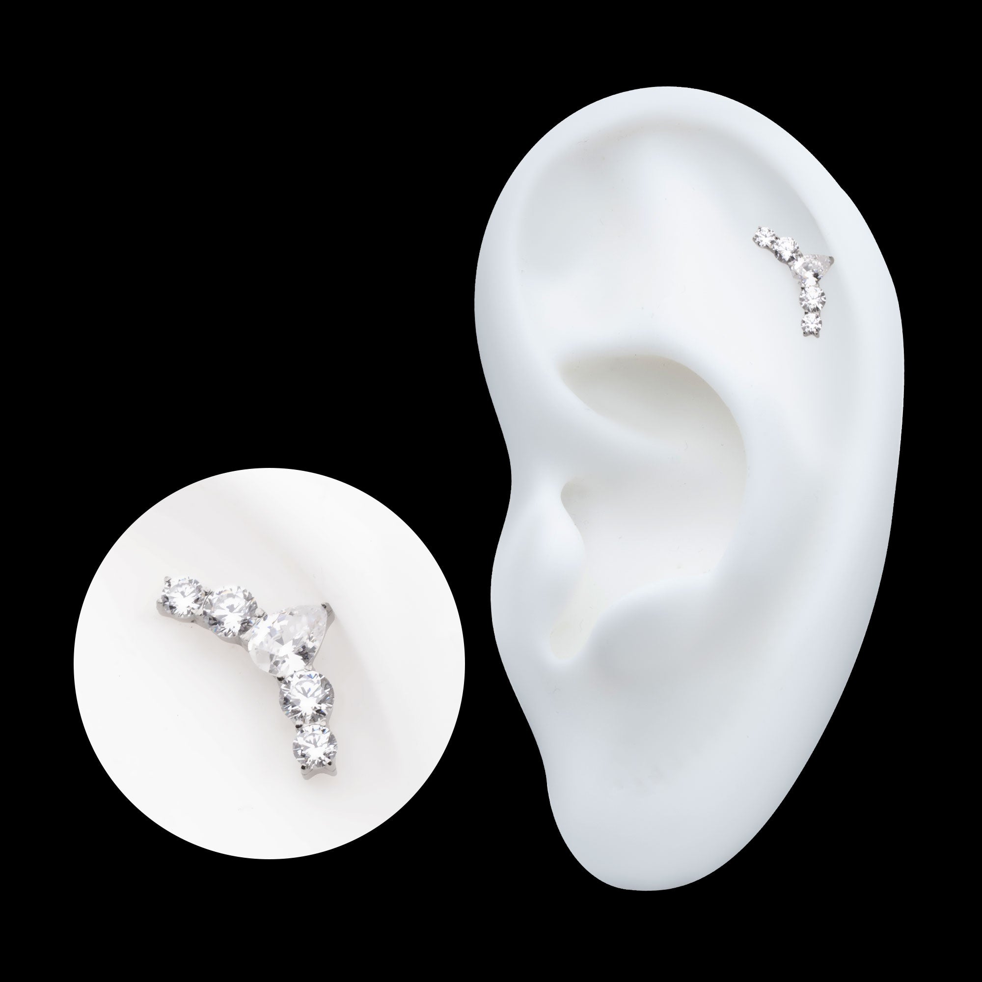 Prong Set Round & Teardrop Shape CZ 5-Cluster Flatback Stud Earring / Nosering - CZ in Titanium