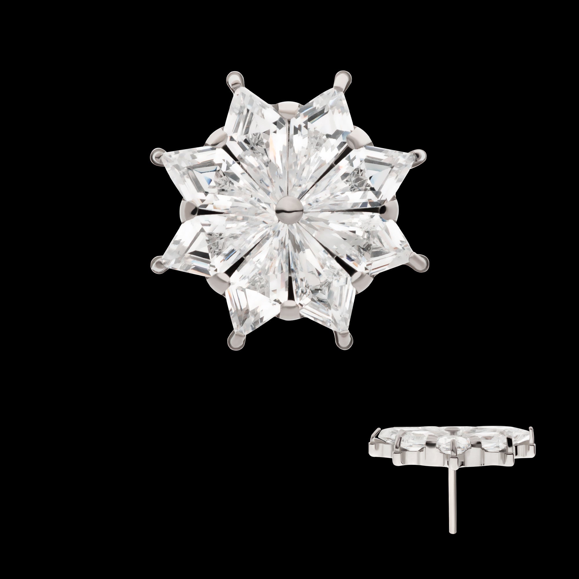 8-Cluster Prong Set Kite Shape CZ Flower Flatback Stud Earring / Nosering - CZ in Titanium