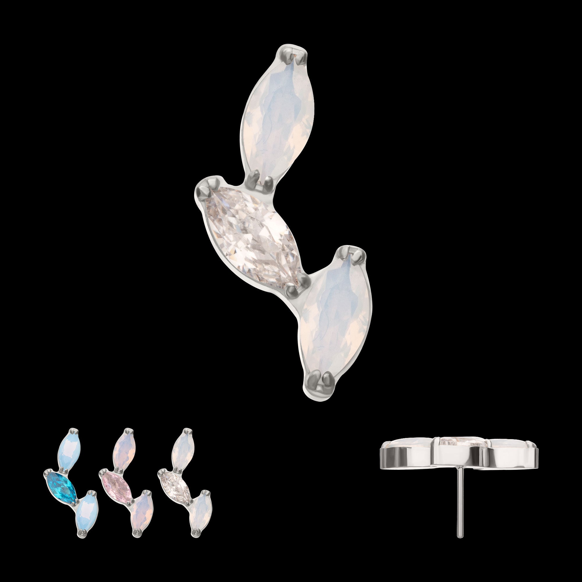 Vine Shape with 3-Tier Alternating Opalite/CZ Marquise Flatback Stud Earring / Nosering - CZ & Opal in Titanium
