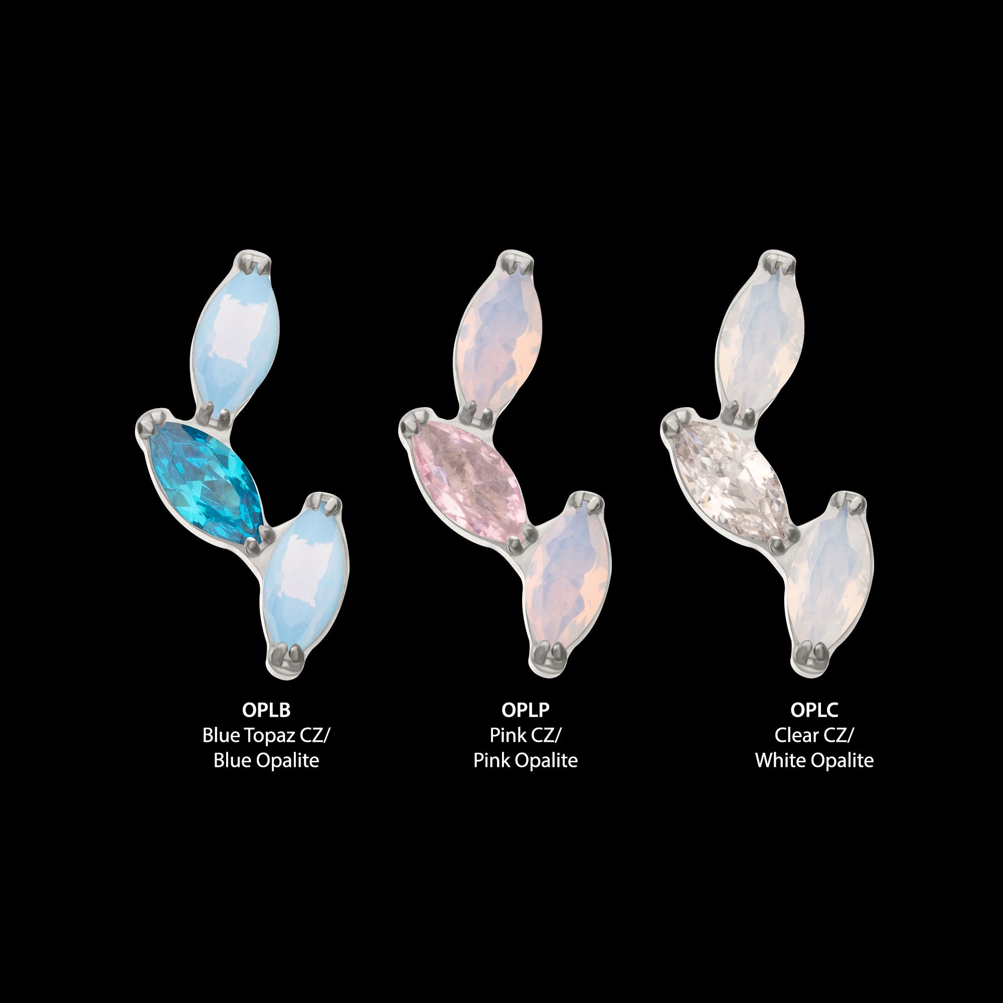 Vine Shape with 3-Tier Alternating Opalite/CZ Marquise Flatback Stud Earring / Nosering - CZ & Opal in Titanium