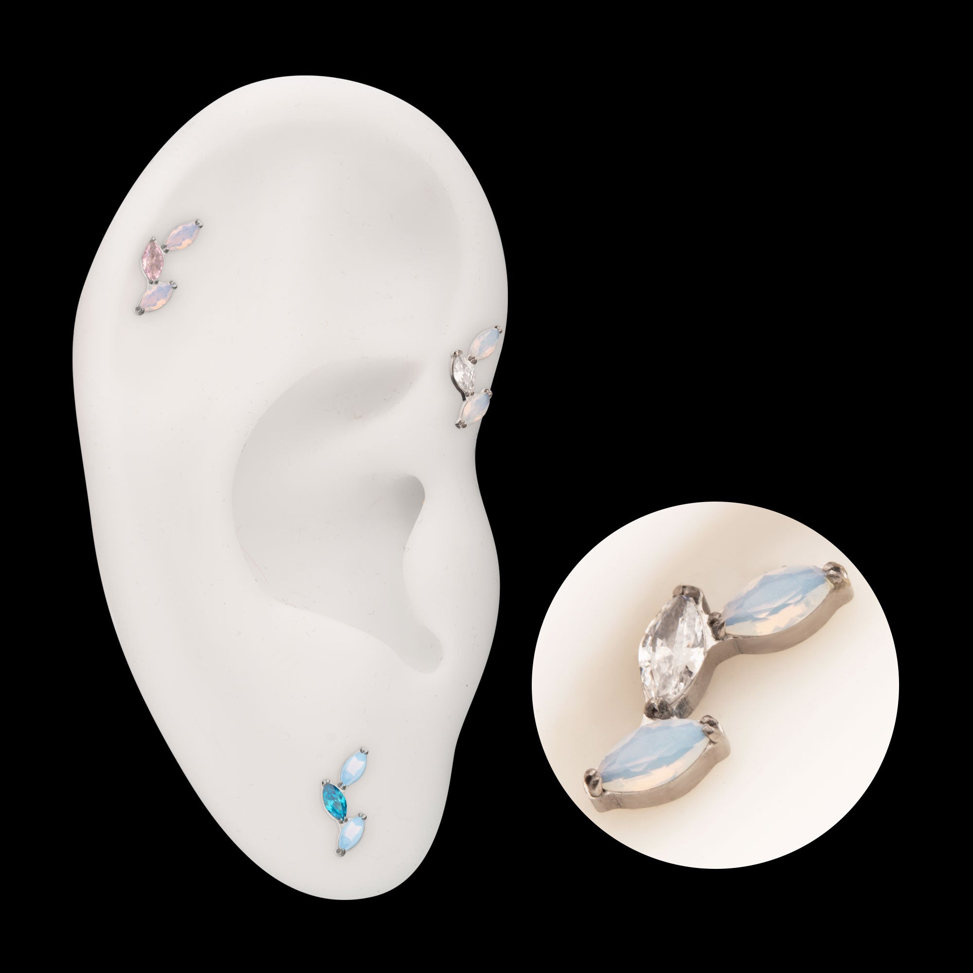 Vine Shape with 3-Tier Alternating Opalite/CZ Marquise Flatback Stud Earring / Nosering - CZ & Opal in Titanium