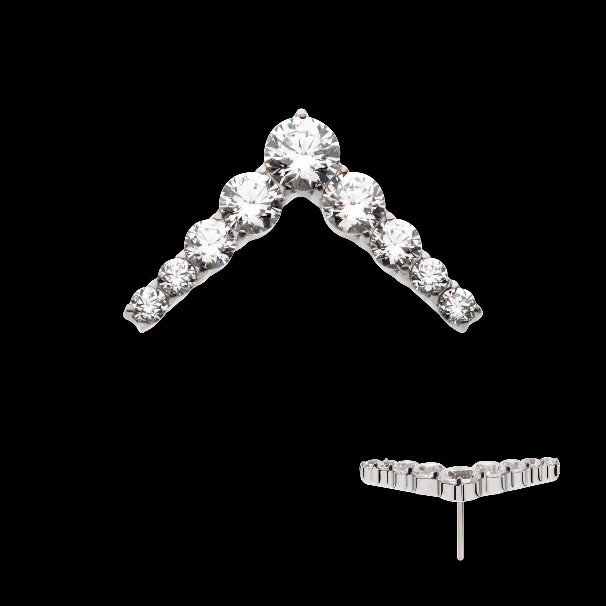 9-Cluster Prong Set Round CZ Chevron Shape Flatback Stud Earring / Nosering - CZ in Titanium