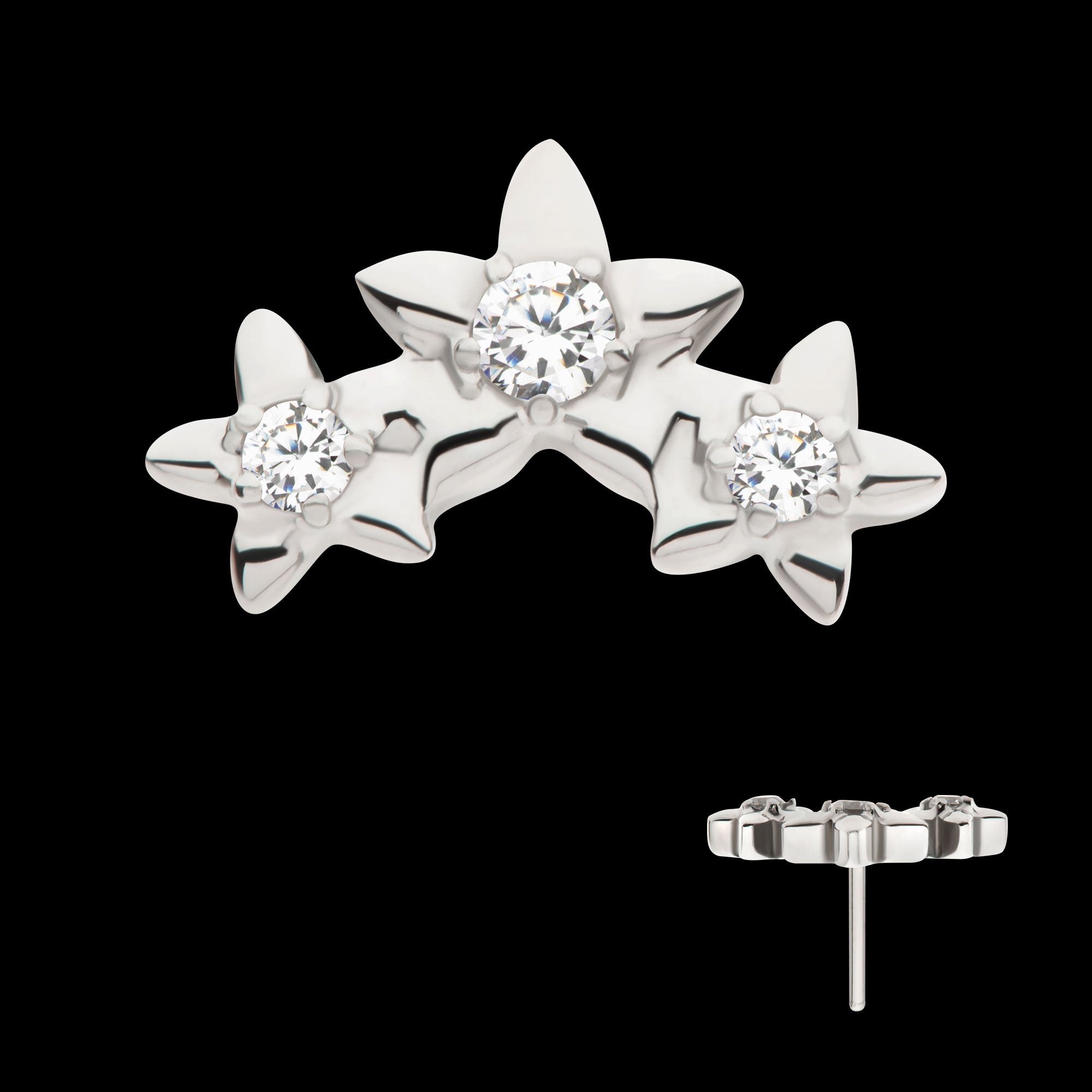 Prong Set Round CZ Gem 3-Cluster Star Flatback Stud Earring / Nosering - CZ in Titanium