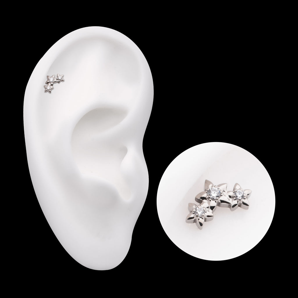 Prong Set Round CZ Gem 3-Cluster Star Flatback Stud Earring / Nosering - CZ in Titanium