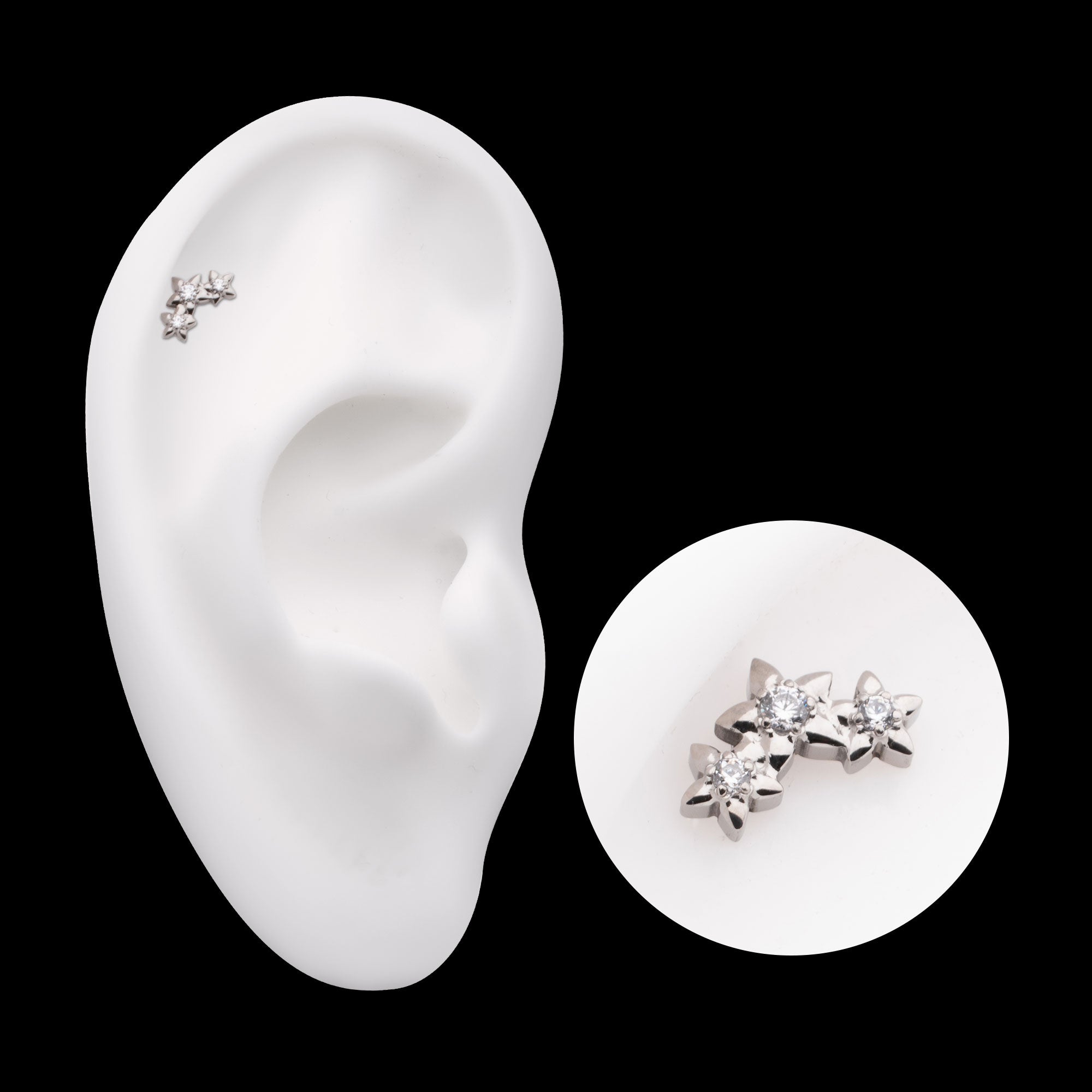 Prong Set Round CZ Gem 3-Cluster Star Flatback Stud Earring / Nosering - CZ in Titanium