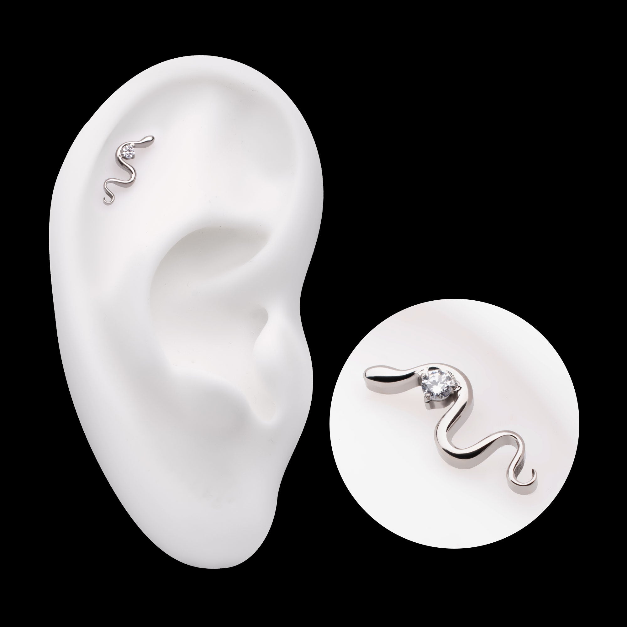 1.8mm Prong Set Round CZ Gem Snake Flatback Stud Earring / Nosering - CZ in Titanium
