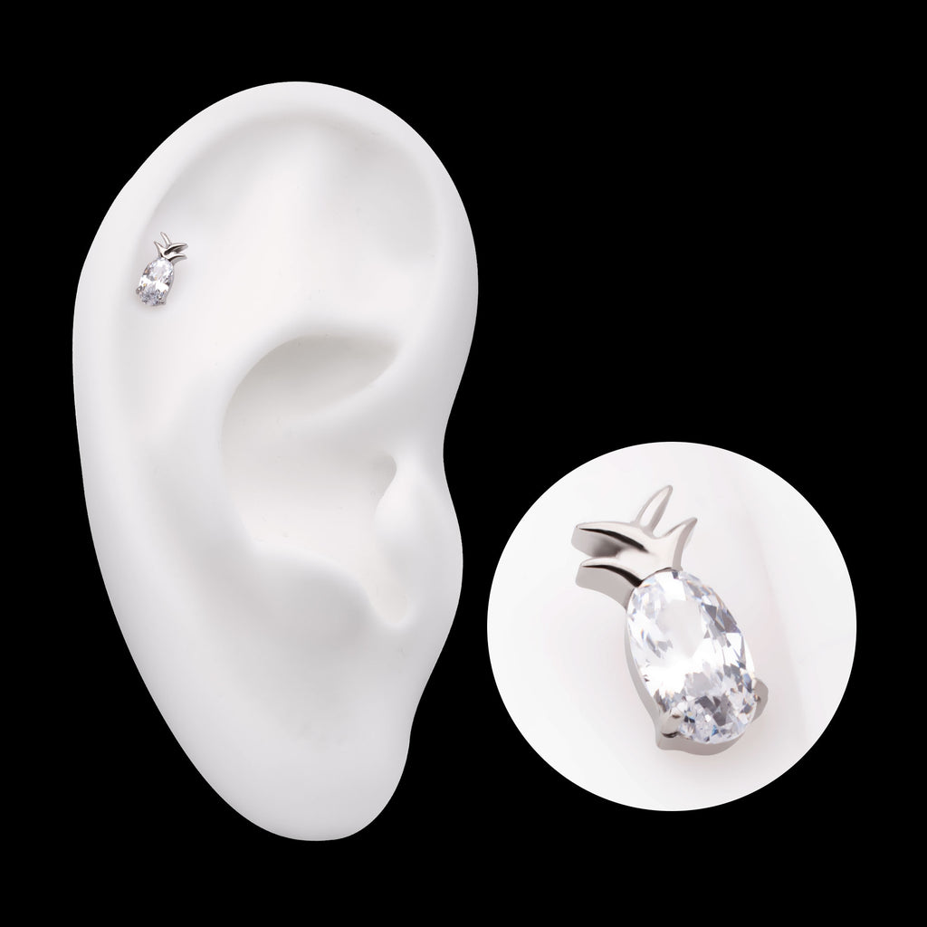 Prong Set Oval CZ Gem Pineapple Flatback Stud Earring / Nosering - CZ in Titanium