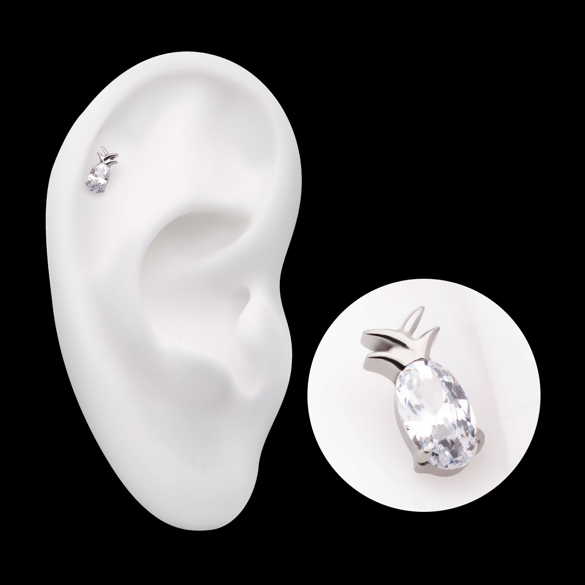 Prong Set Oval CZ Gem Pineapple Flatback Stud Earring / Nosering - CZ in Titanium