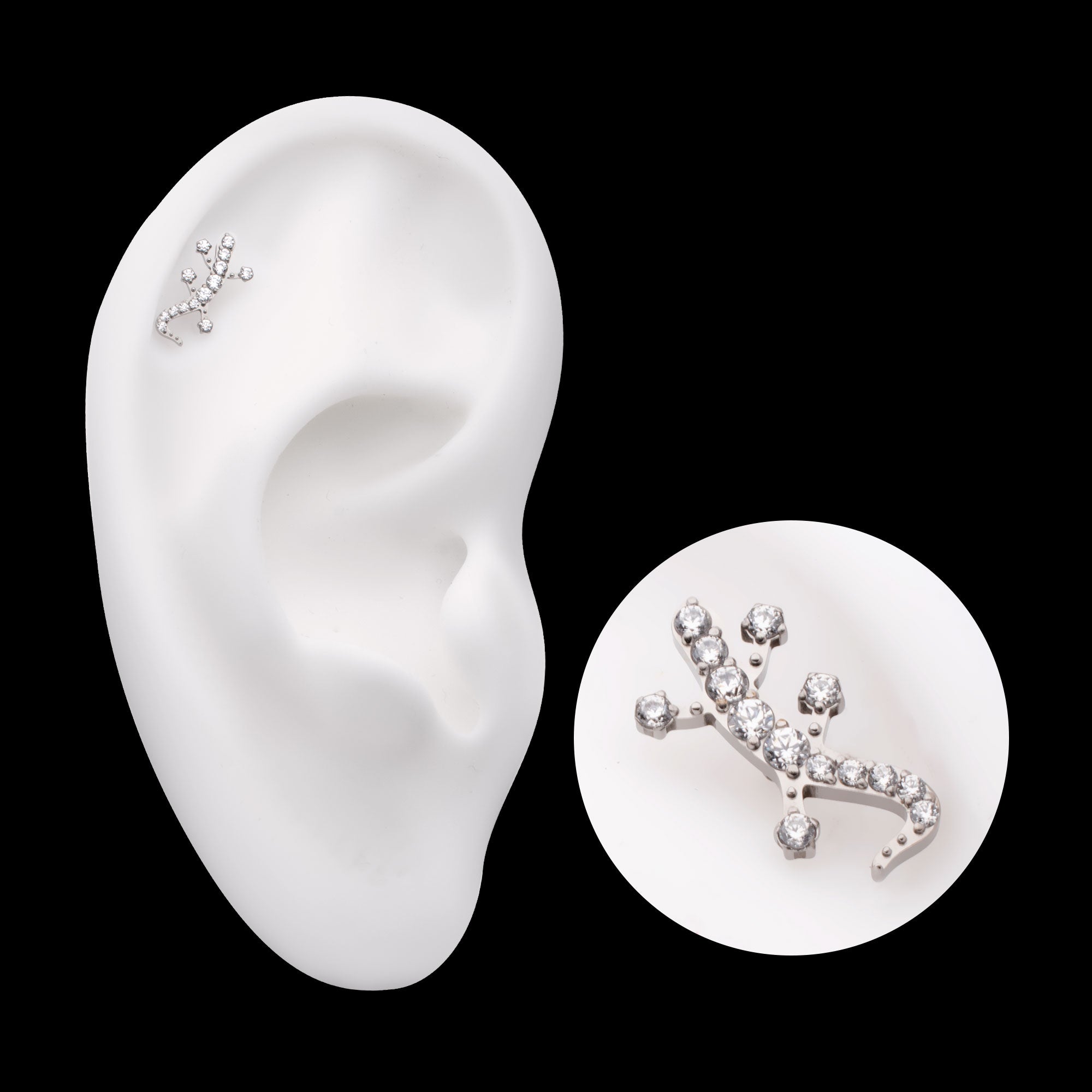 Pave Set Round CZ Gem Lizard Flatback Stud Earring / Nosering - CZ in Titanium