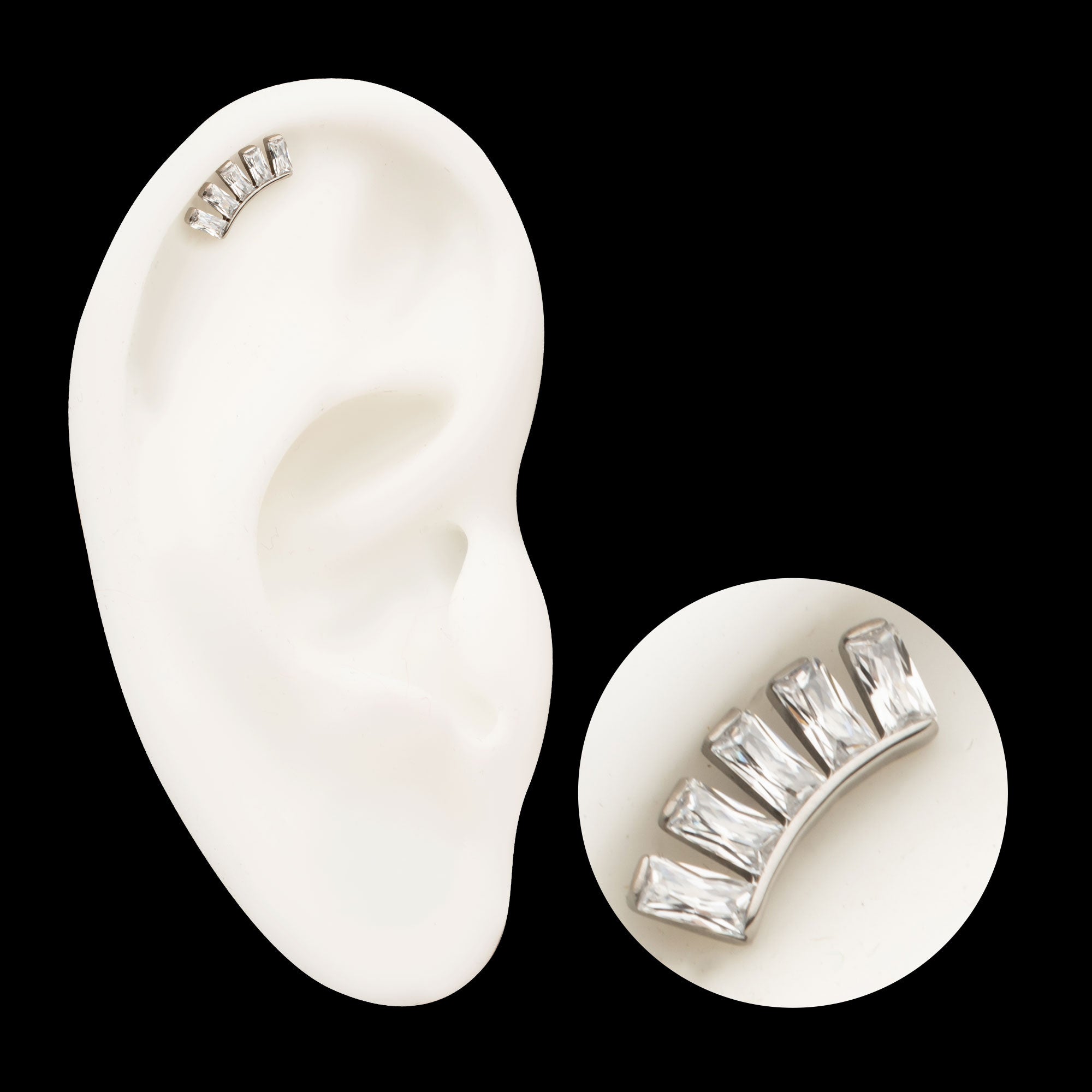5 Baguette Gem Curved Bar Flatback Stud Earring / Nosering - Gem in Titanium