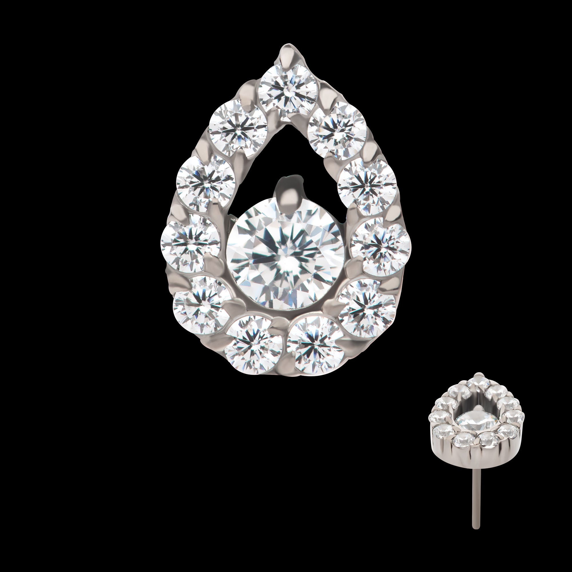 Round CZ Center Hollow Teardrop Shape Flatback Stud Earring / Nosering - CZ in Titanium