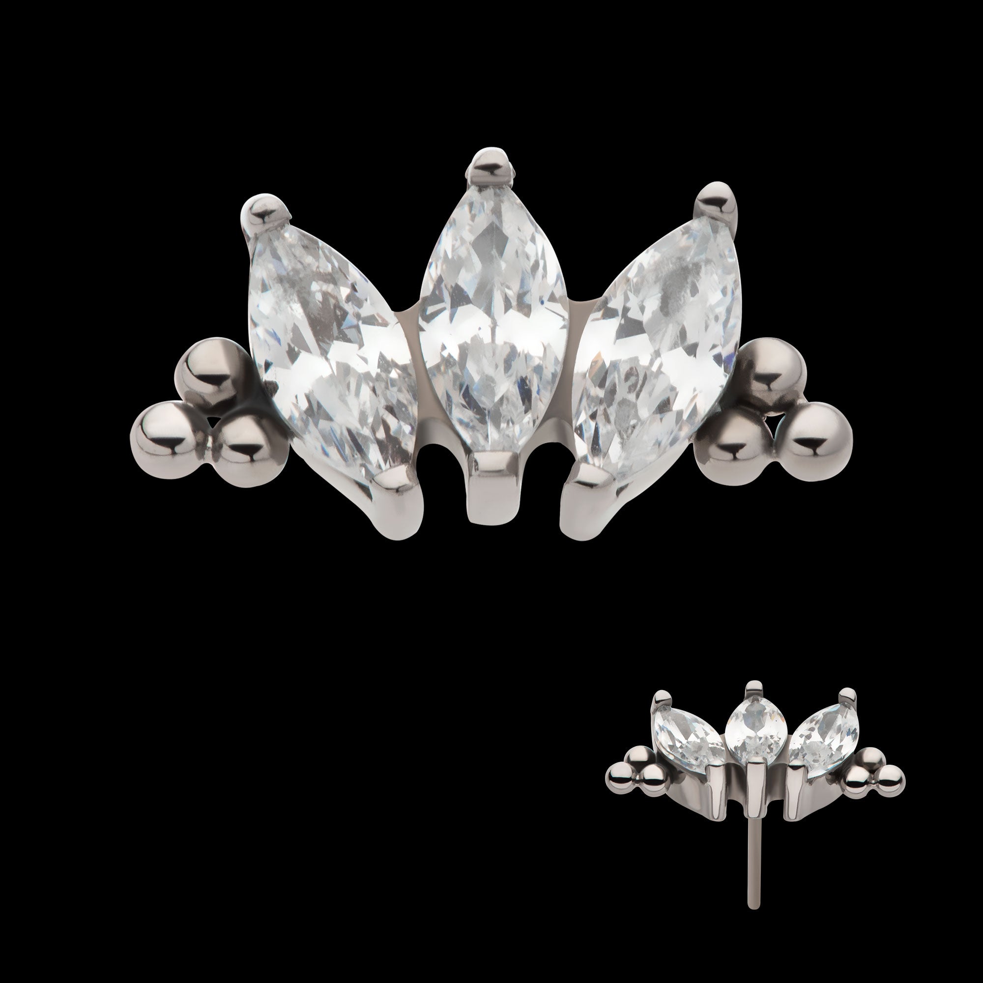 Tri Beads & Prong Set Marquise CZ 3-Cluster Flatback Stud Earring / Nosering - CZ in Titanium
