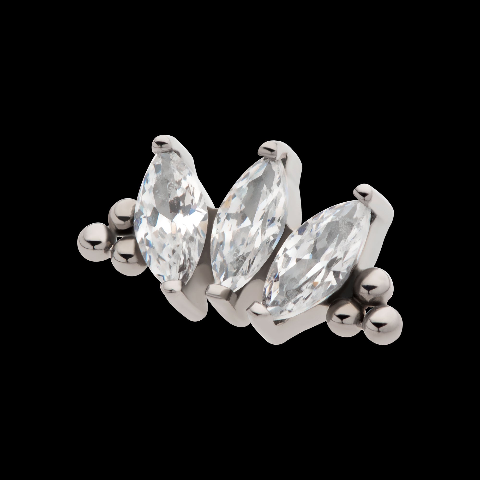 Tri Beads & Prong Set Marquise CZ 3-Cluster Flatback Stud Earring / Nosering - CZ in Titanium