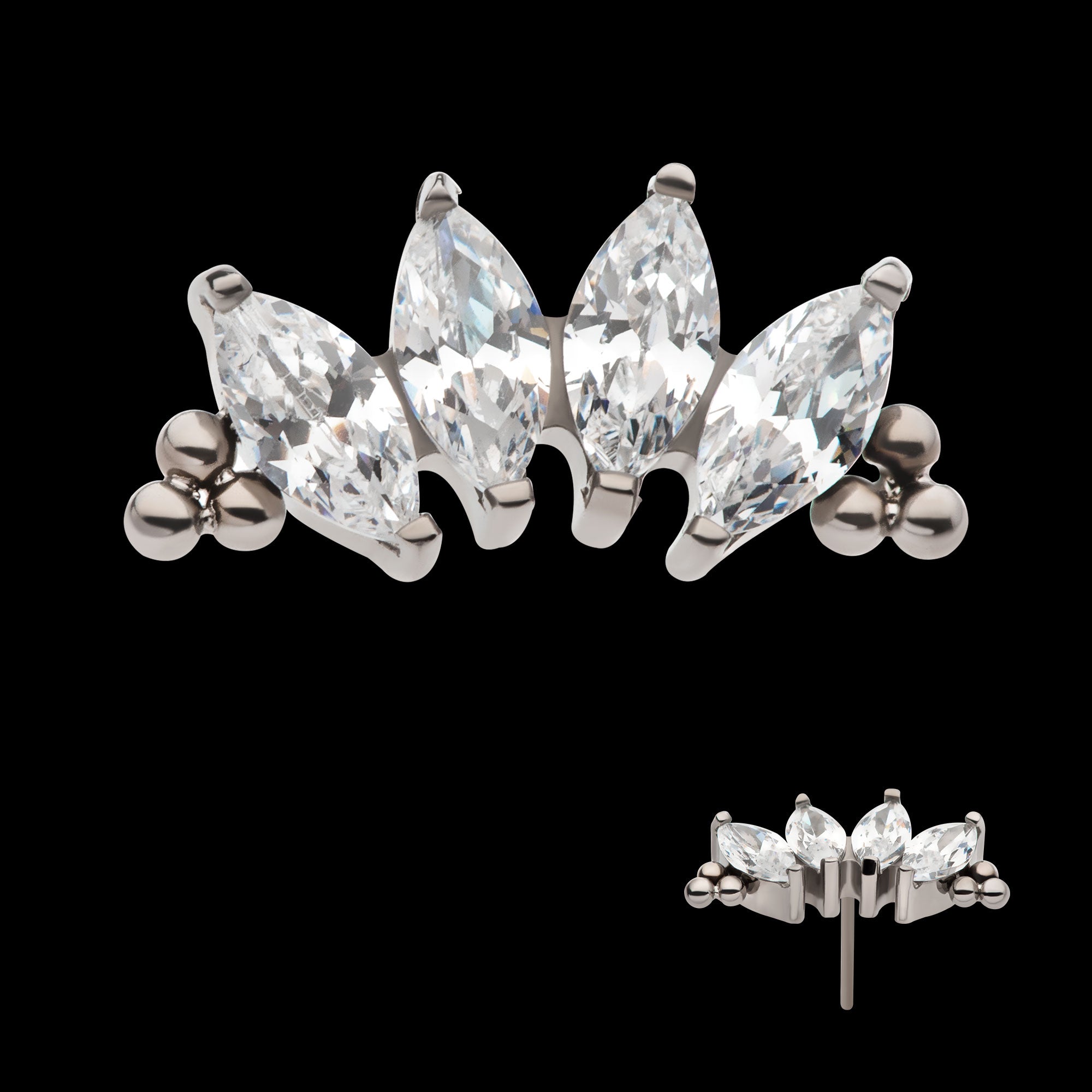 Tri Beads & Prong Set Marquise CZ 4-Cluster Flatback Stud Earring / Nosering - CZ in Titanium
