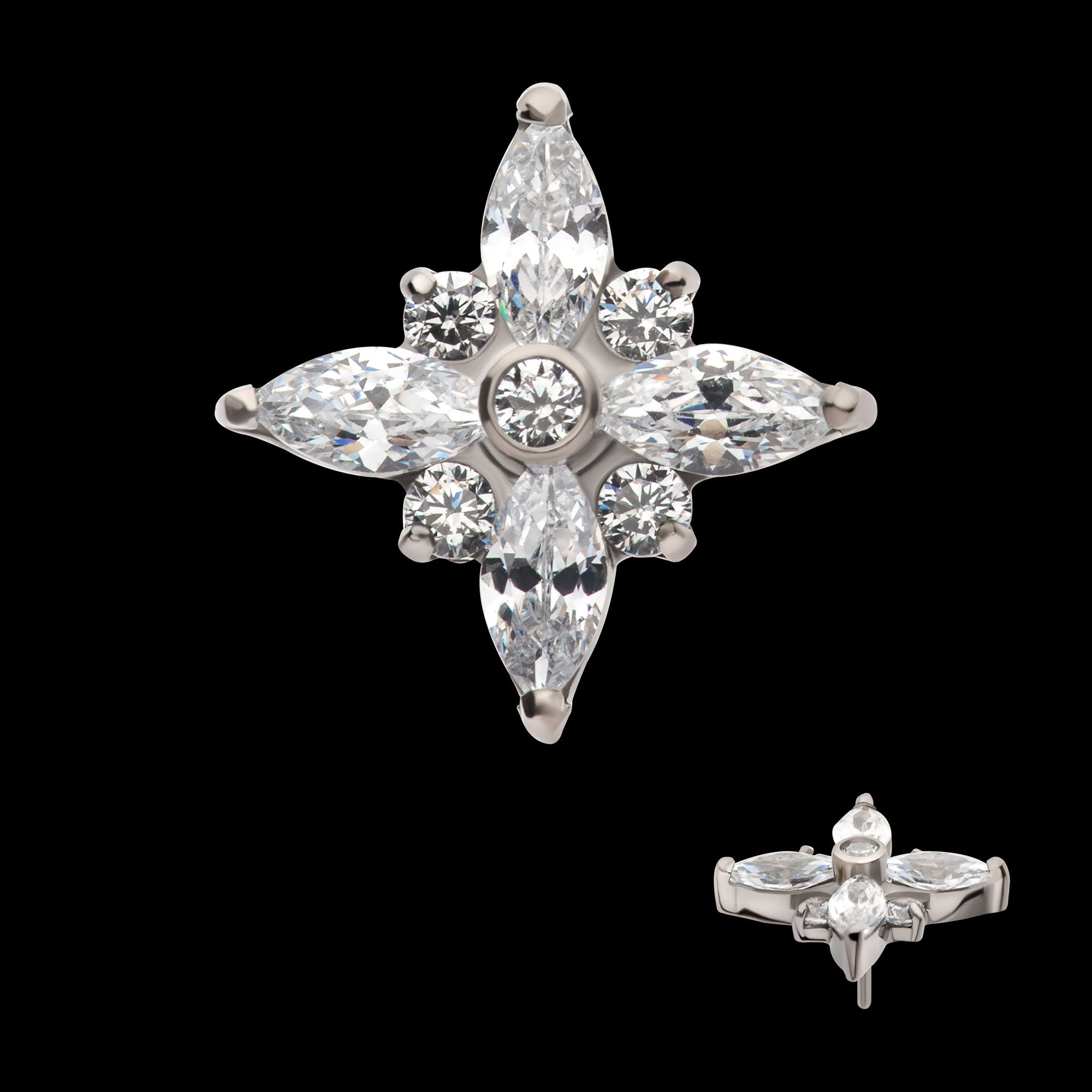 Clustered Round & Marquise CZ Cross Shape Flatback Stud Earring / Nosering - CZ in Titanium