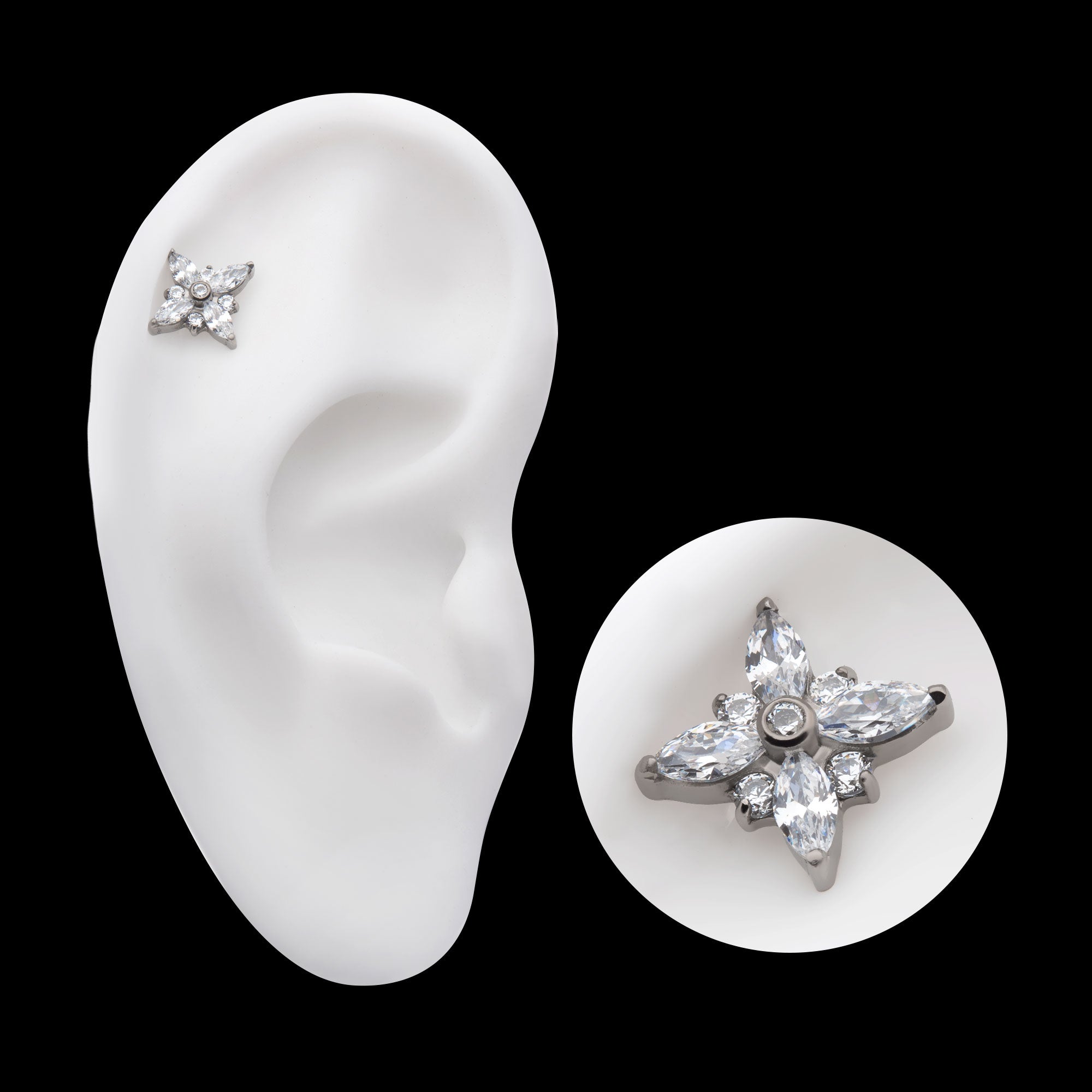 Clustered Round & Marquise CZ Cross Shape Flatback Stud Earring / Nosering - CZ in Titanium